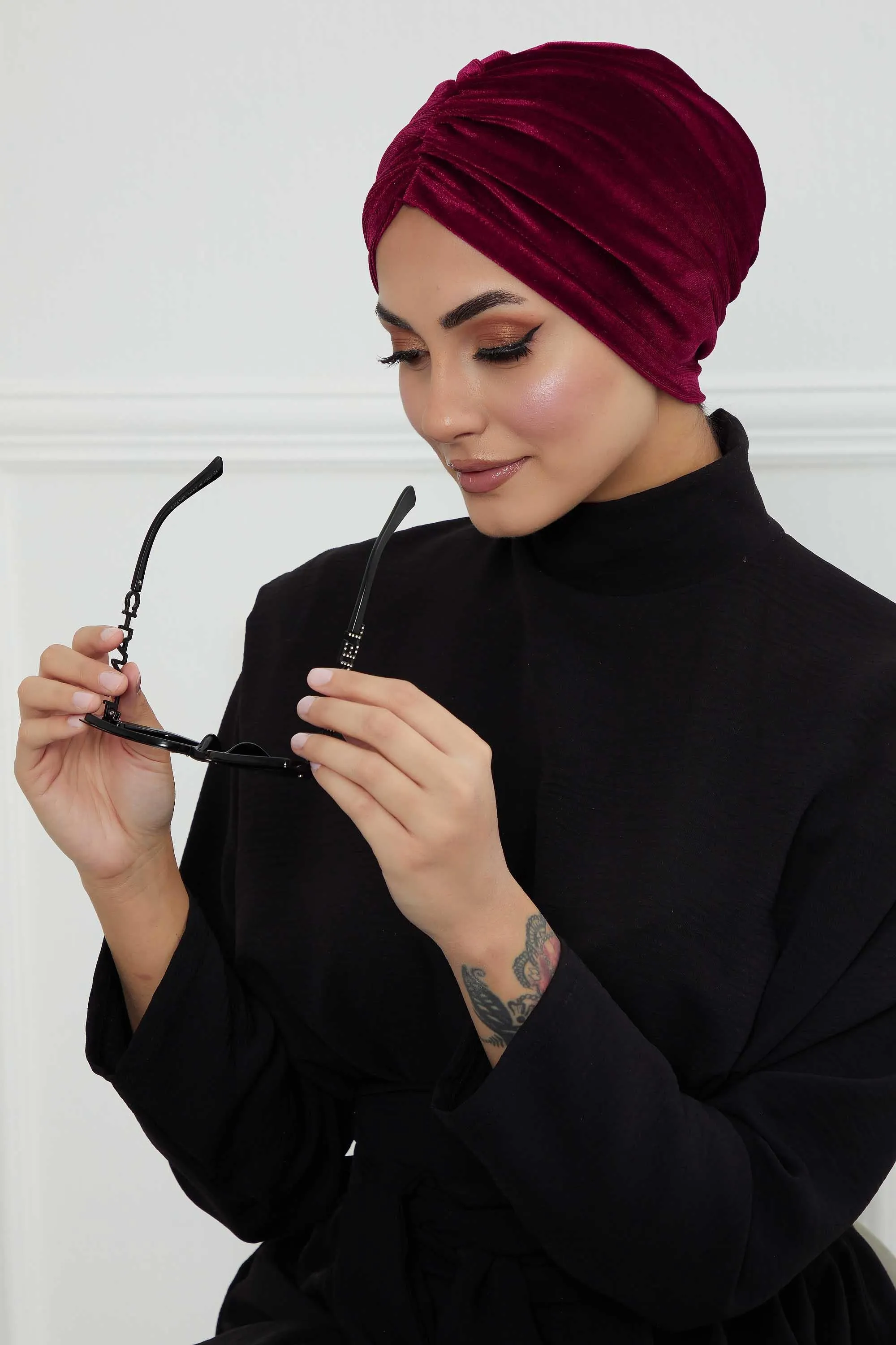 Elegant Velvet Shirred Instant Turban for Women, Luxurious Velour Instant Headwrap, Fashionable Pre-Tied Hijab Turban Cap for Women,B-20K