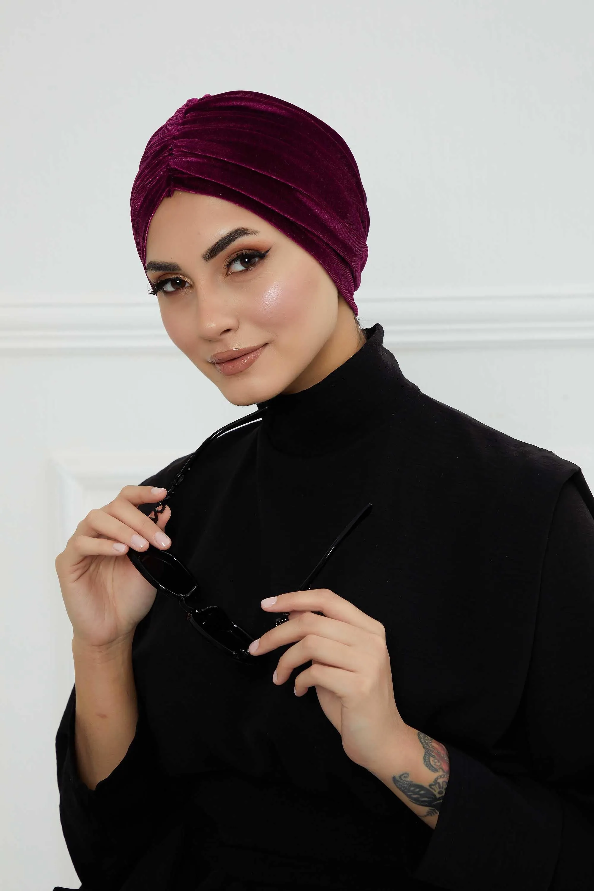 Elegant Velvet Shirred Instant Turban for Women, Luxurious Velour Instant Headwrap, Fashionable Pre-Tied Hijab Turban Cap for Women,B-20K