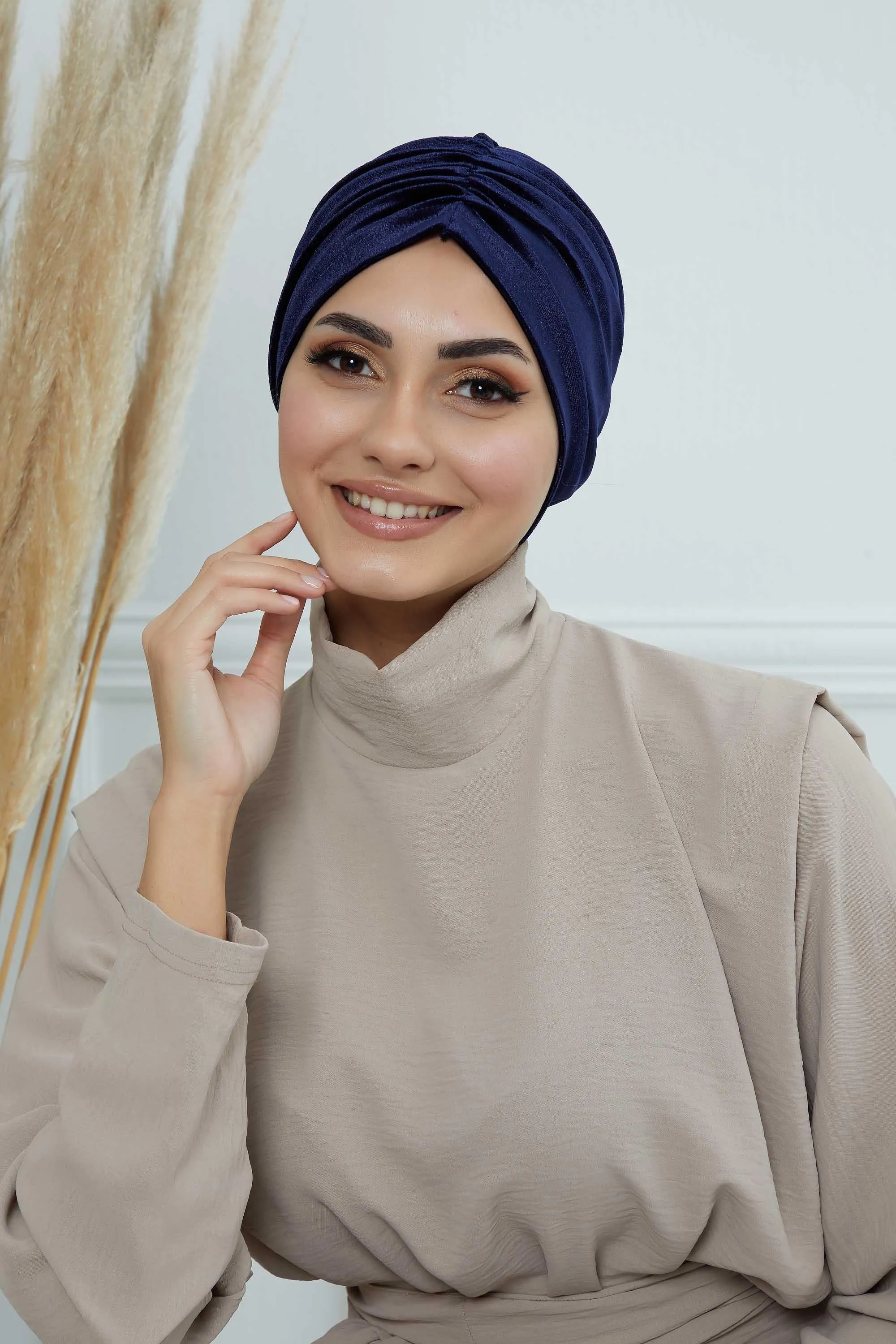Elegant Velvet Shirred Instant Turban for Women, Luxurious Velour Instant Headwrap, Fashionable Pre-Tied Hijab Turban Cap for Women,B-20K