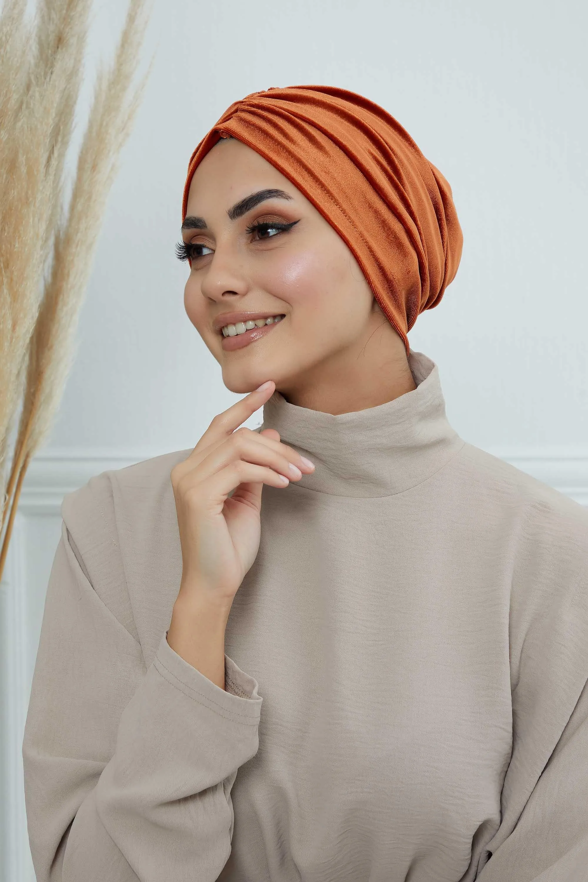 Elegant Velvet Shirred Instant Turban for Women, Luxurious Velour Instant Headwrap, Fashionable Pre-Tied Hijab Turban Cap for Women,B-20K