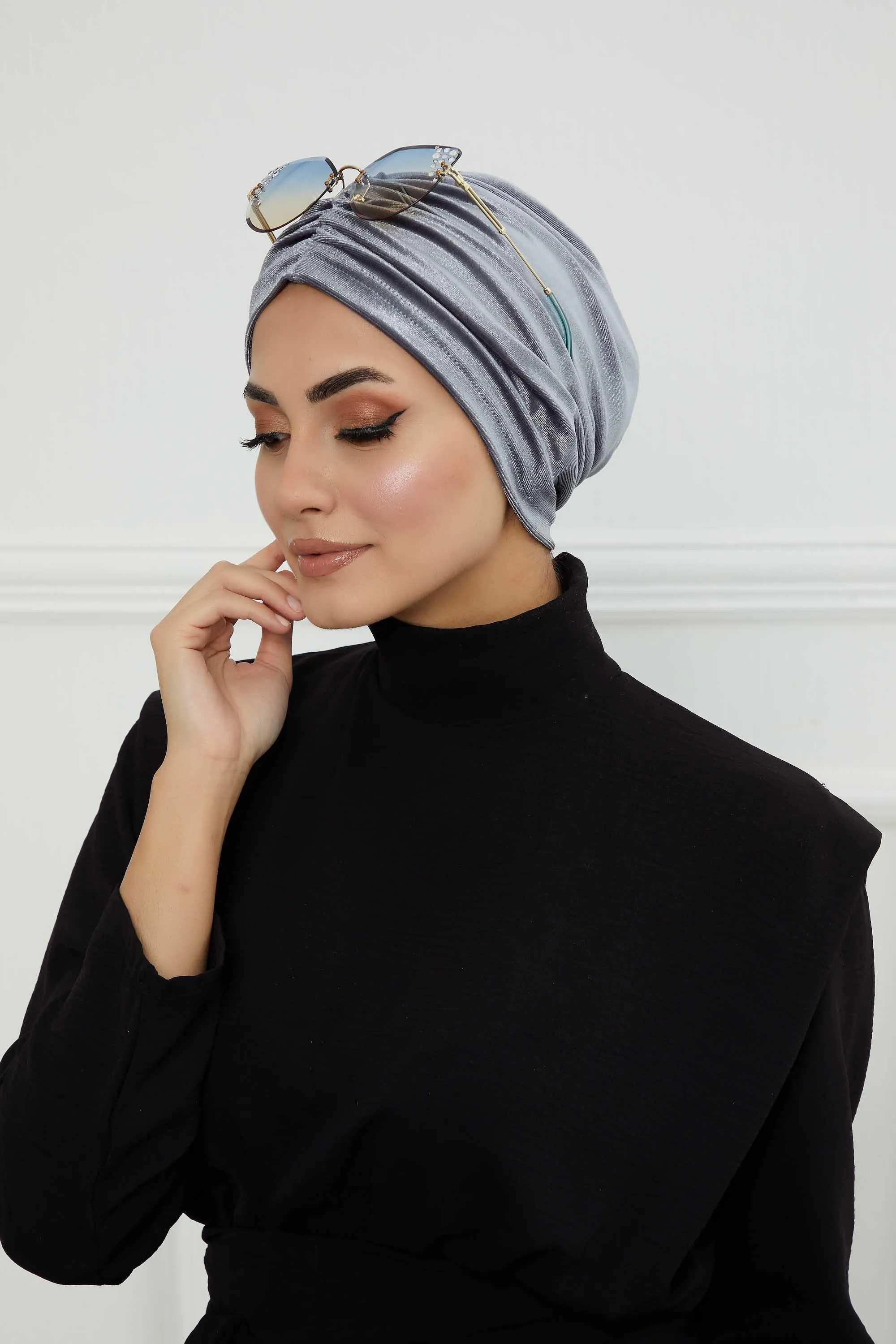 Elegant Velvet Shirred Instant Turban for Women, Luxurious Velour Instant Headwrap, Fashionable Pre-Tied Hijab Turban Cap for Women,B-20K