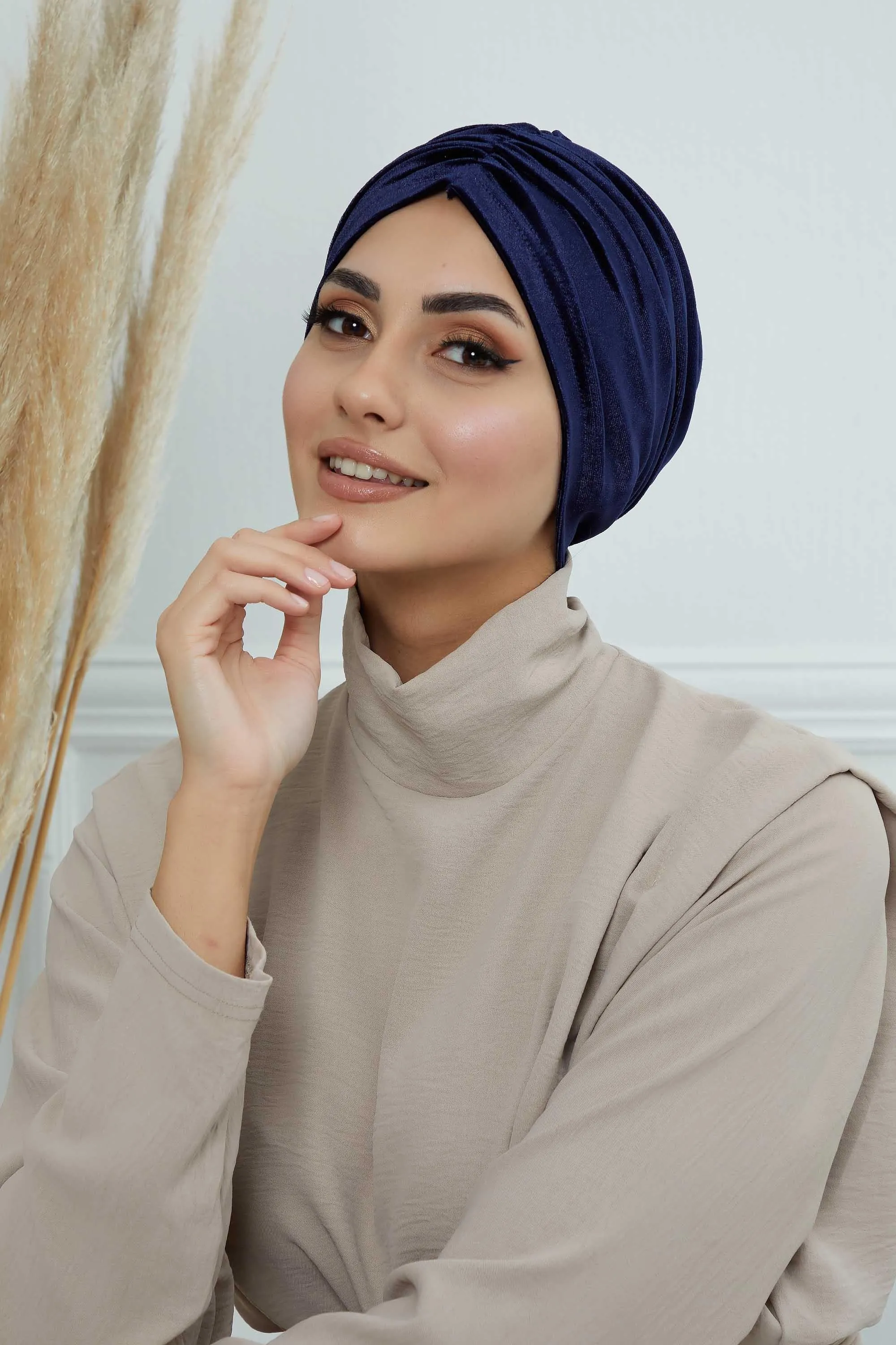 Elegant Velvet Shirred Instant Turban for Women, Luxurious Velour Instant Headwrap, Fashionable Pre-Tied Hijab Turban Cap for Women,B-20K