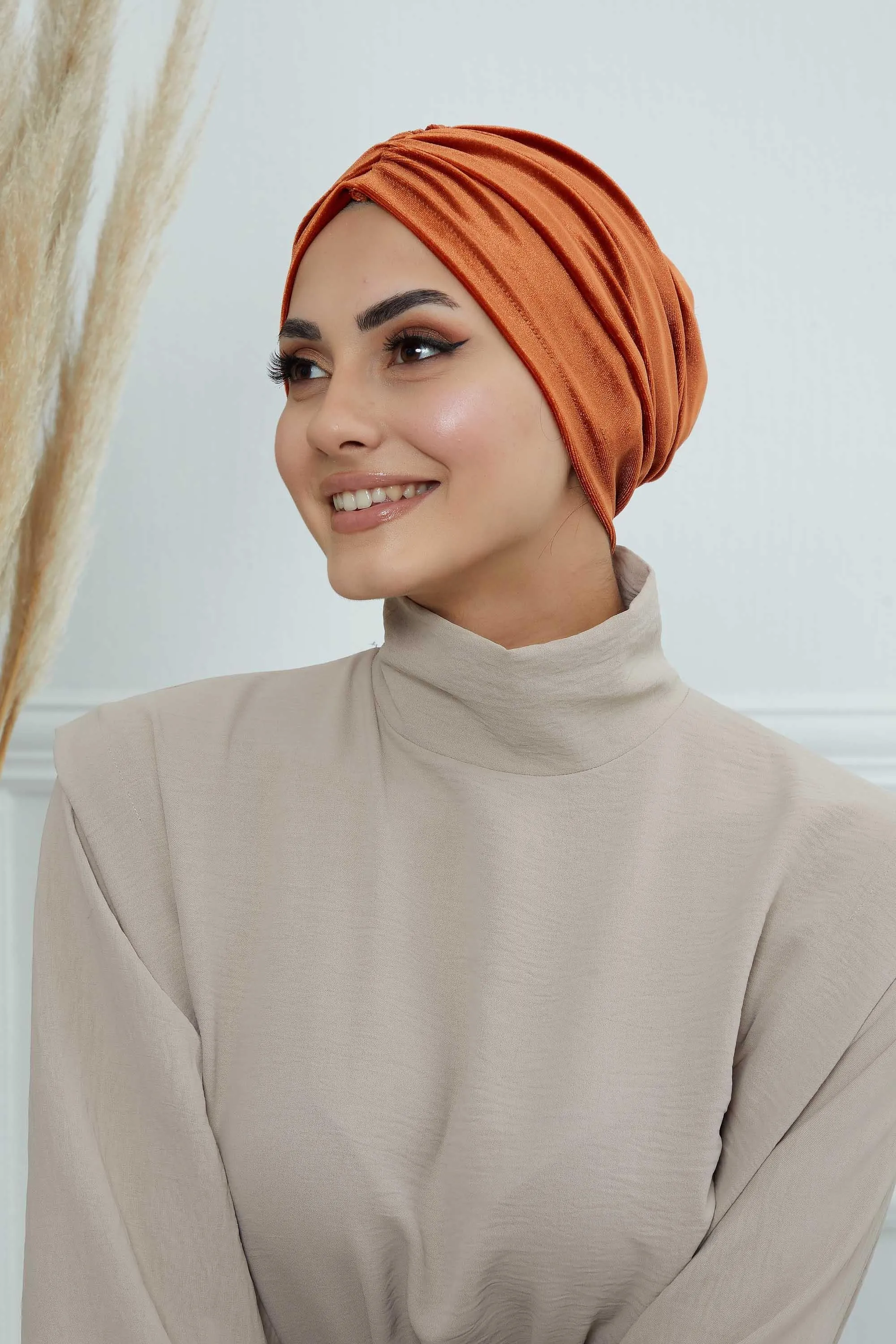 Elegant Velvet Shirred Instant Turban for Women, Luxurious Velour Instant Headwrap, Fashionable Pre-Tied Hijab Turban Cap for Women,B-20K