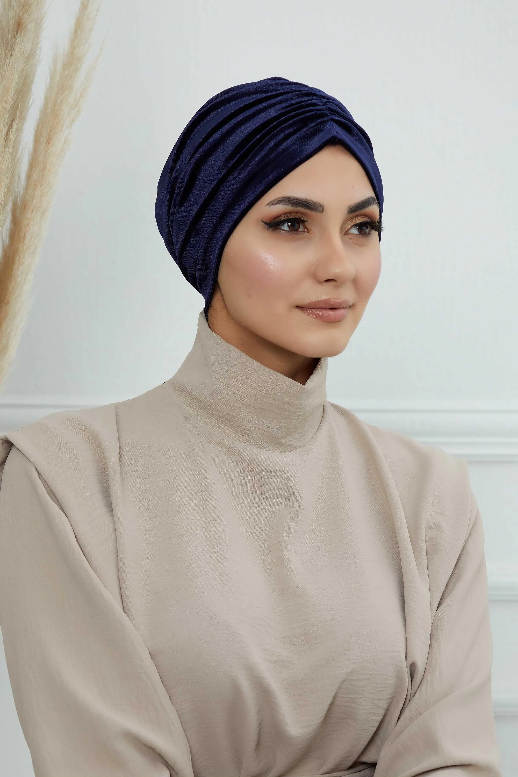 Elegant Velvet Shirred Instant Turban for Women, Luxurious Velour Instant Headwrap, Fashionable Pre-Tied Hijab Turban Cap for Women,B-20K