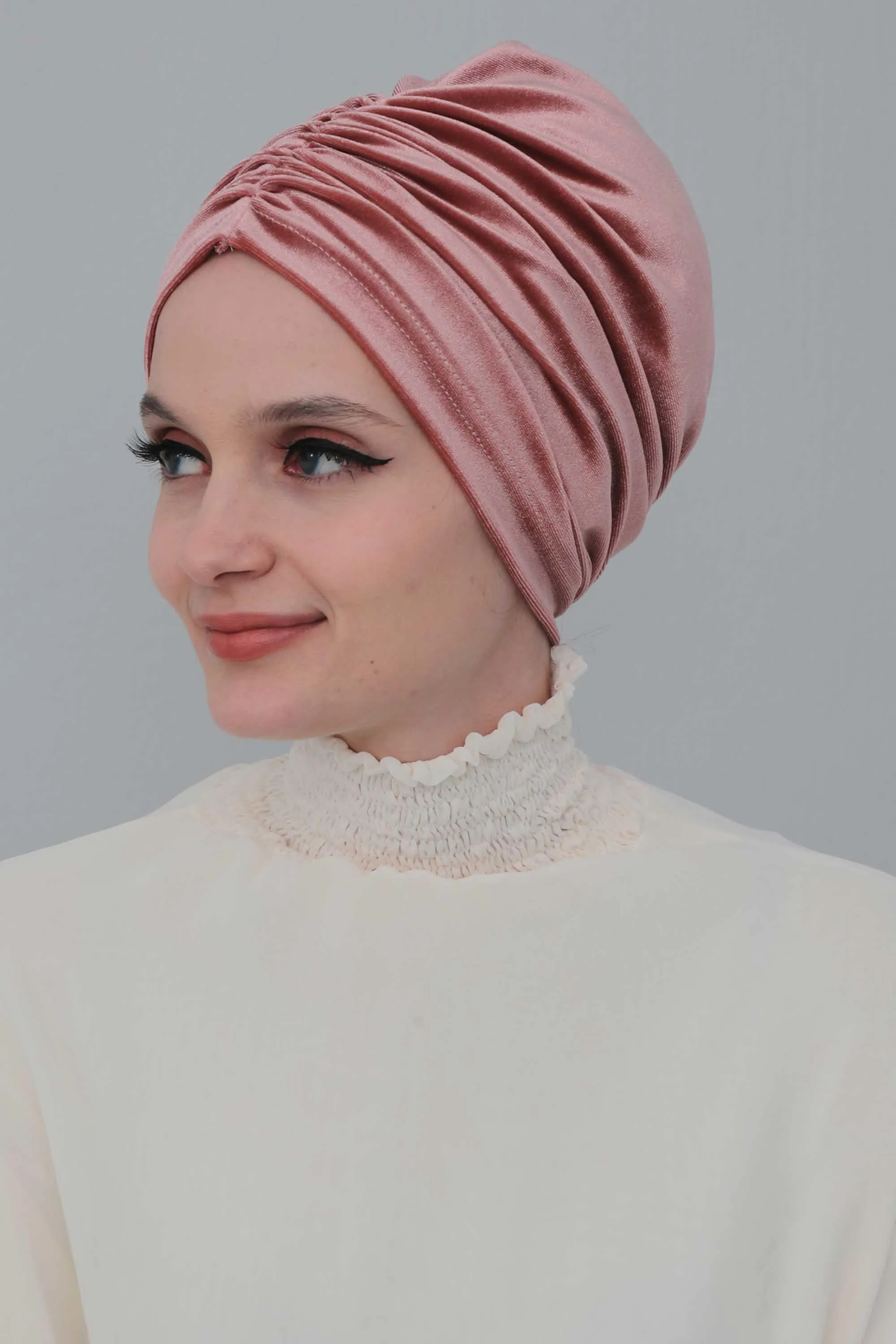 Elegant Velvet Shirred Instant Turban for Women, Luxurious Velour Instant Headwrap, Fashionable Pre-Tied Hijab Turban Cap for Women,B-20K