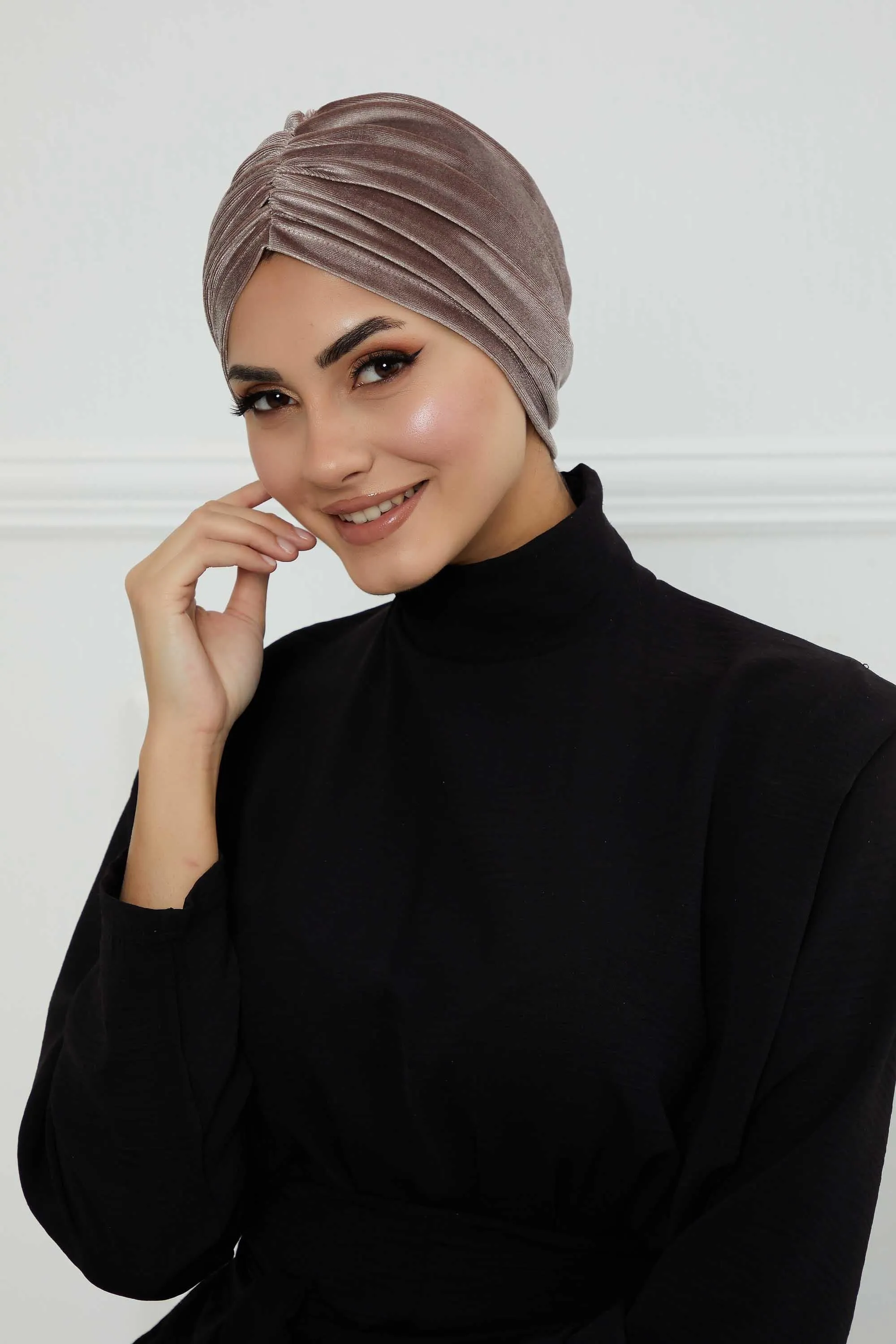 Elegant Velvet Shirred Instant Turban for Women, Luxurious Velour Instant Headwrap, Fashionable Pre-Tied Hijab Turban Cap for Women,B-20K