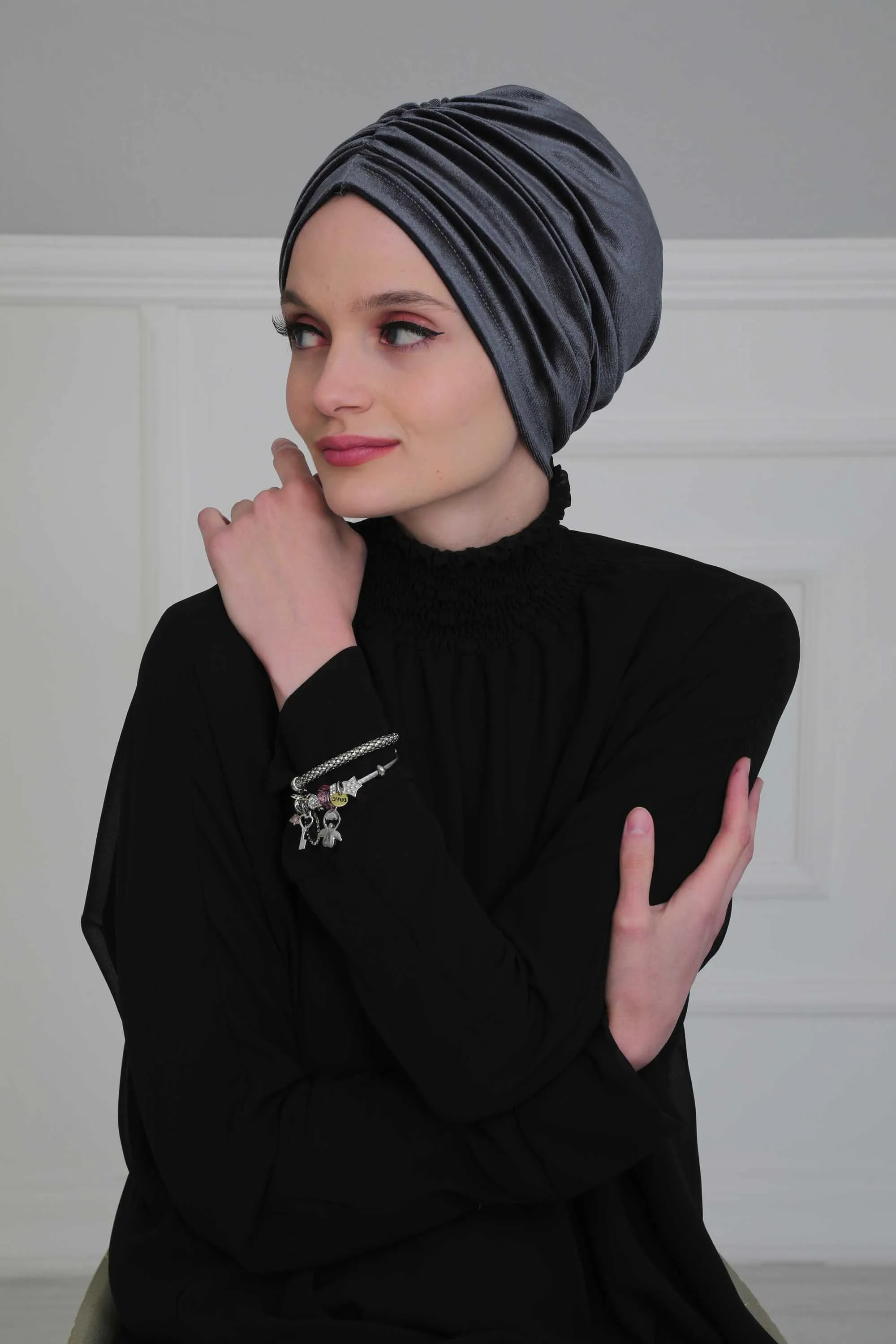 Elegant Velvet Shirred Instant Turban for Women, Luxurious Velour Instant Headwrap, Fashionable Pre-Tied Hijab Turban Cap for Women,B-20K