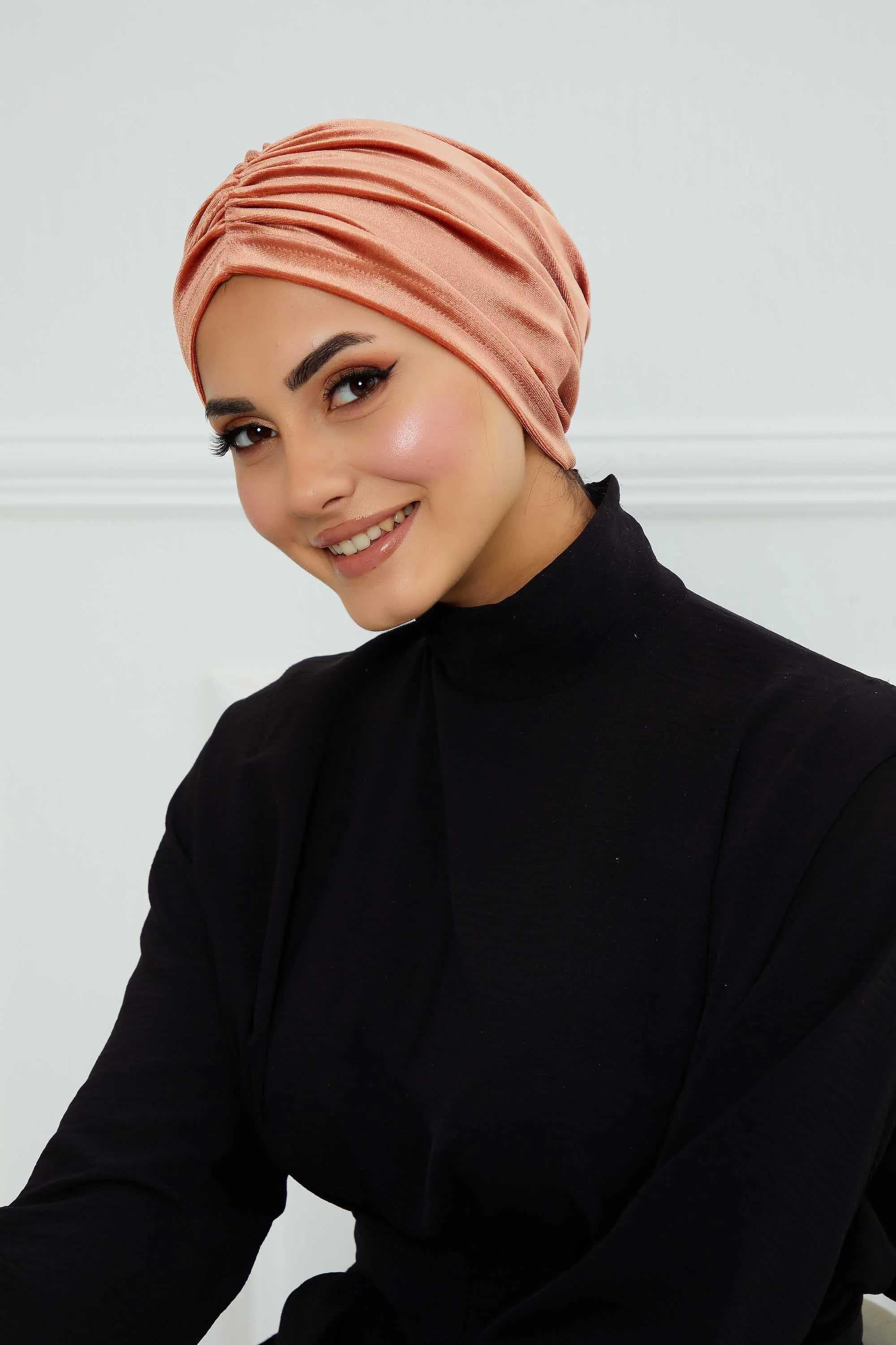 Elegant Velvet Shirred Instant Turban for Women, Luxurious Velour Instant Headwrap, Fashionable Pre-Tied Hijab Turban Cap for Women,B-20K