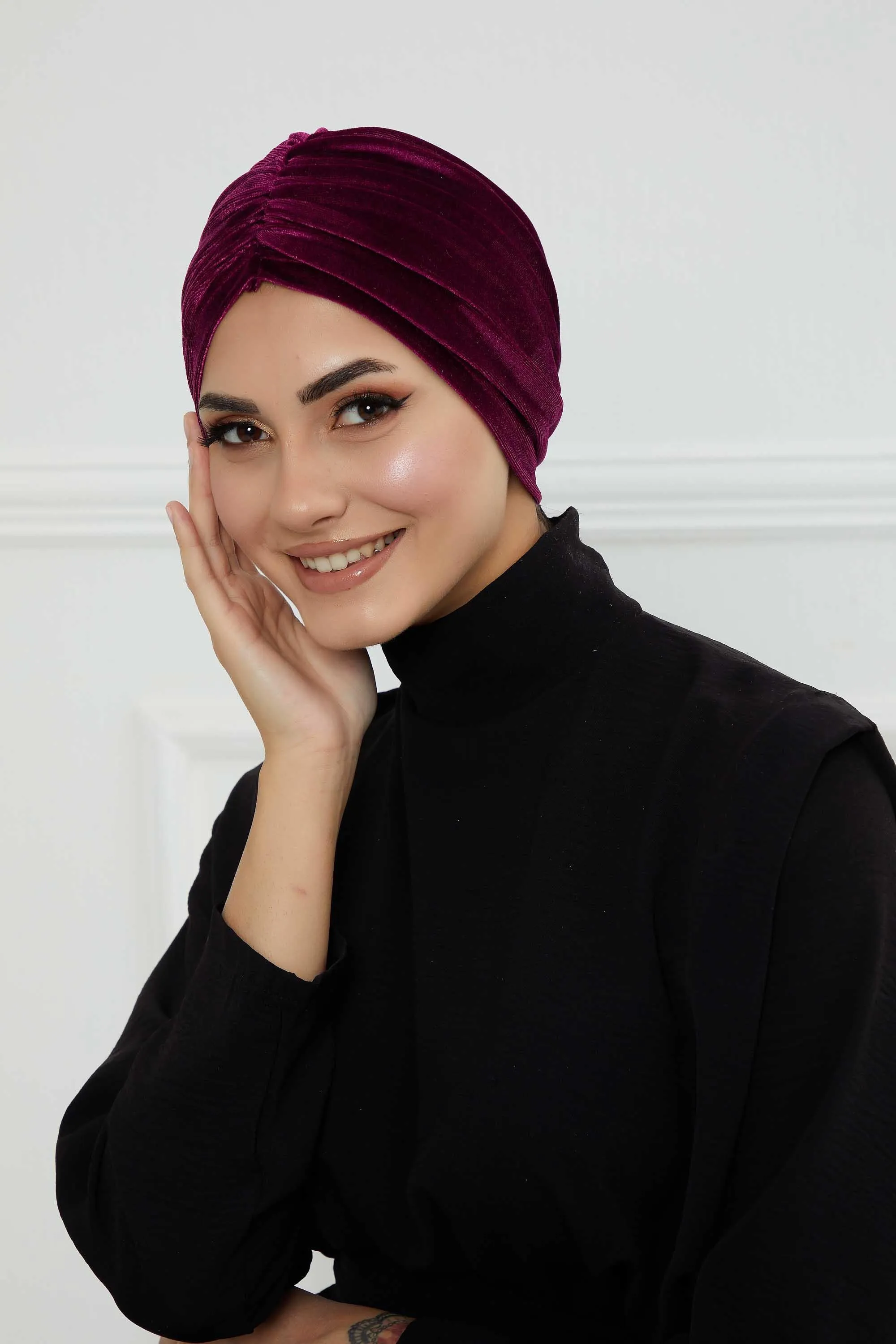 Elegant Velvet Shirred Instant Turban for Women, Luxurious Velour Instant Headwrap, Fashionable Pre-Tied Hijab Turban Cap for Women,B-20K