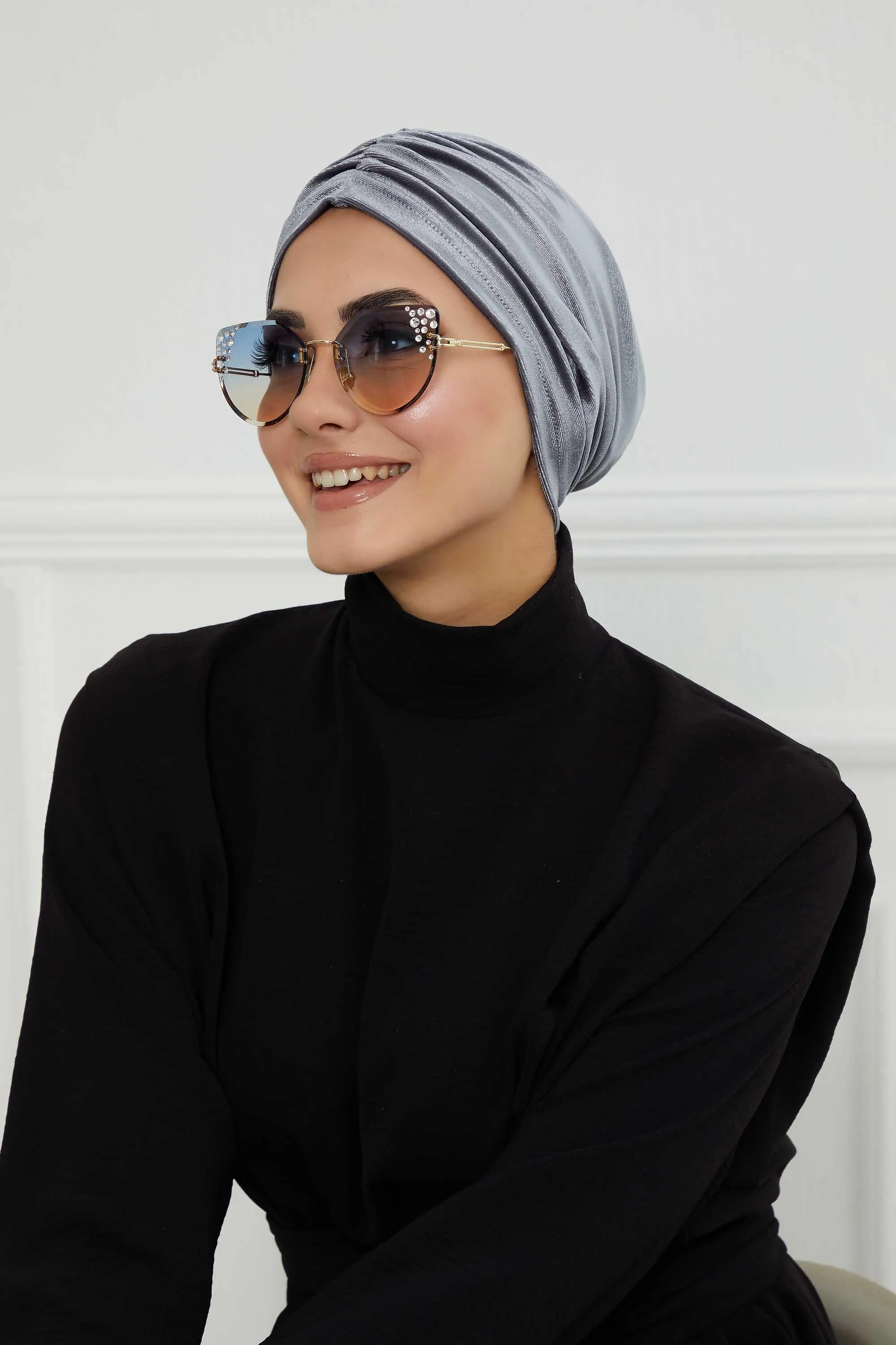 Elegant Velvet Shirred Instant Turban for Women, Luxurious Velour Instant Headwrap, Fashionable Pre-Tied Hijab Turban Cap for Women,B-20K