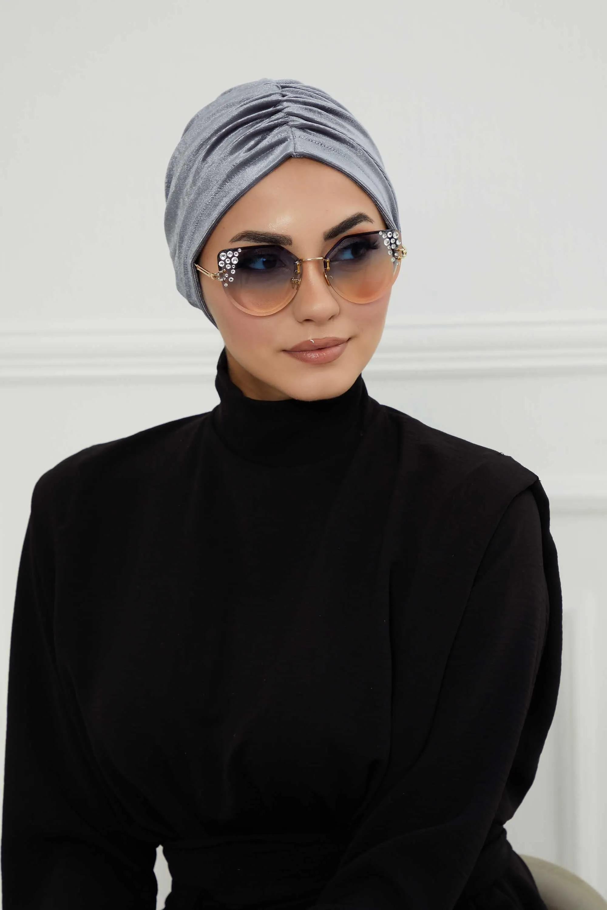 Elegant Velvet Shirred Instant Turban for Women, Luxurious Velour Instant Headwrap, Fashionable Pre-Tied Hijab Turban Cap for Women,B-20K
