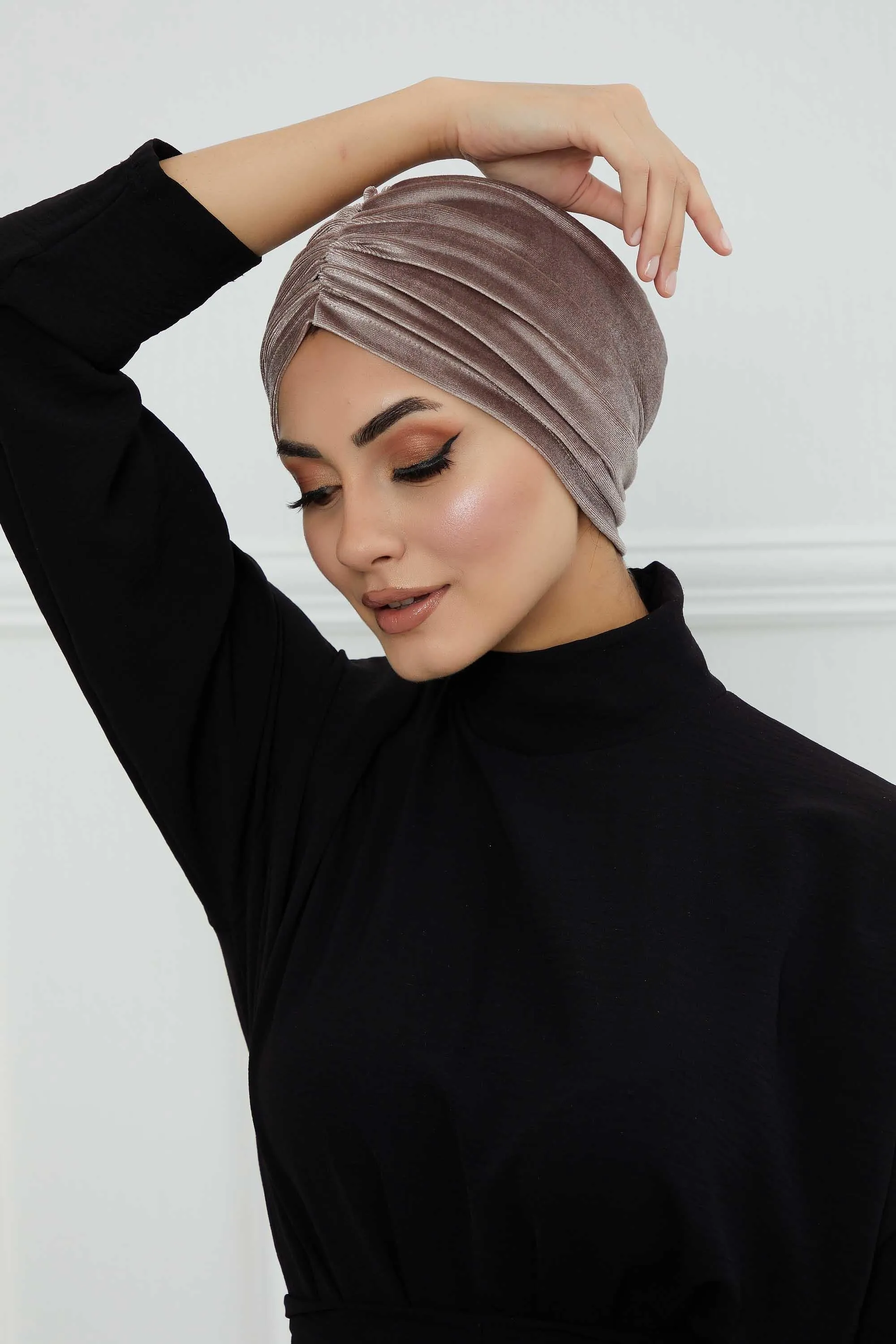 Elegant Velvet Shirred Instant Turban for Women, Luxurious Velour Instant Headwrap, Fashionable Pre-Tied Hijab Turban Cap for Women,B-20K