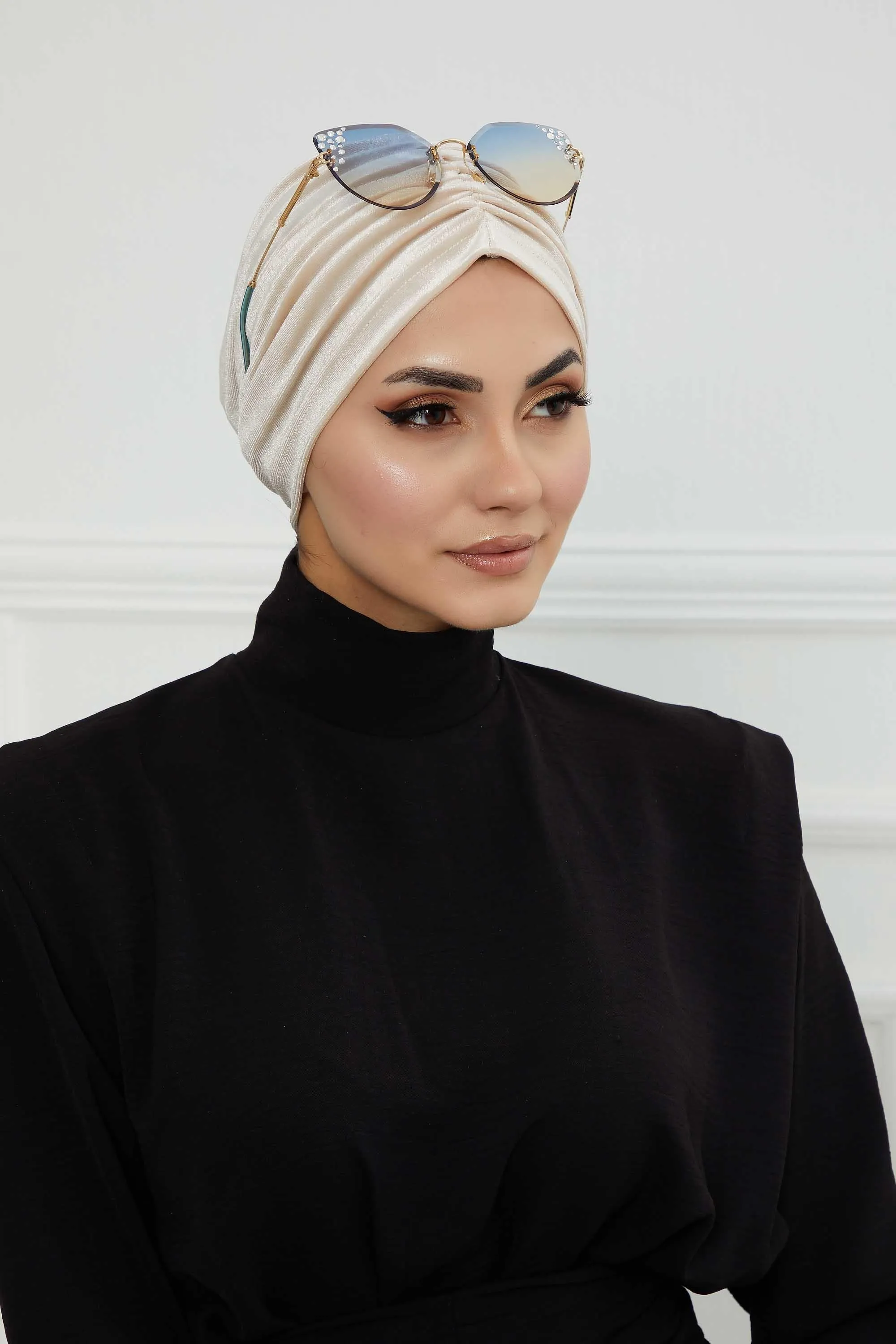 Elegant Velvet Shirred Instant Turban for Women, Luxurious Velour Instant Headwrap, Fashionable Pre-Tied Hijab Turban Cap for Women,B-20K
