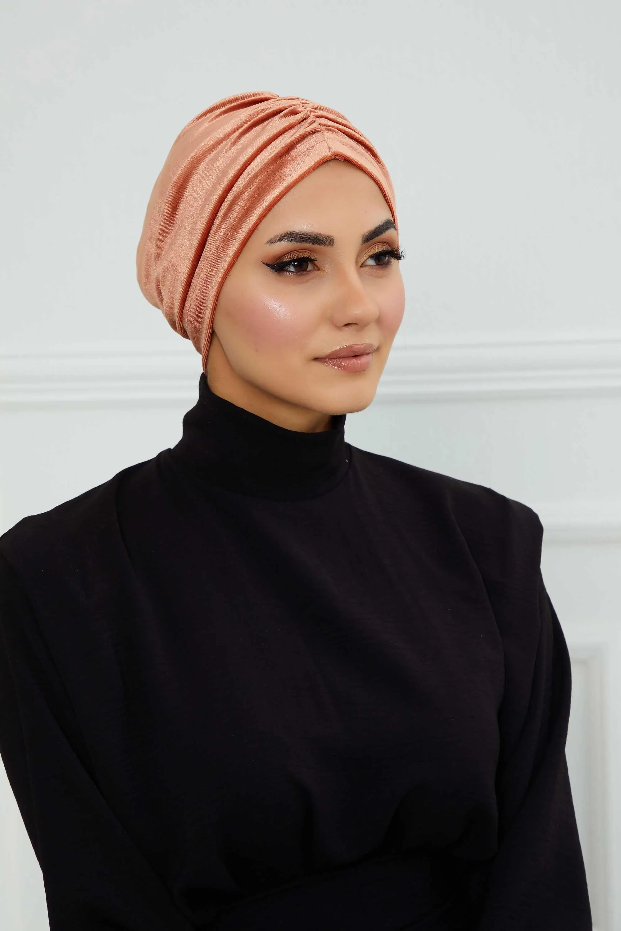 Elegant Velvet Shirred Instant Turban for Women, Luxurious Velour Instant Headwrap, Fashionable Pre-Tied Hijab Turban Cap for Women,B-20K