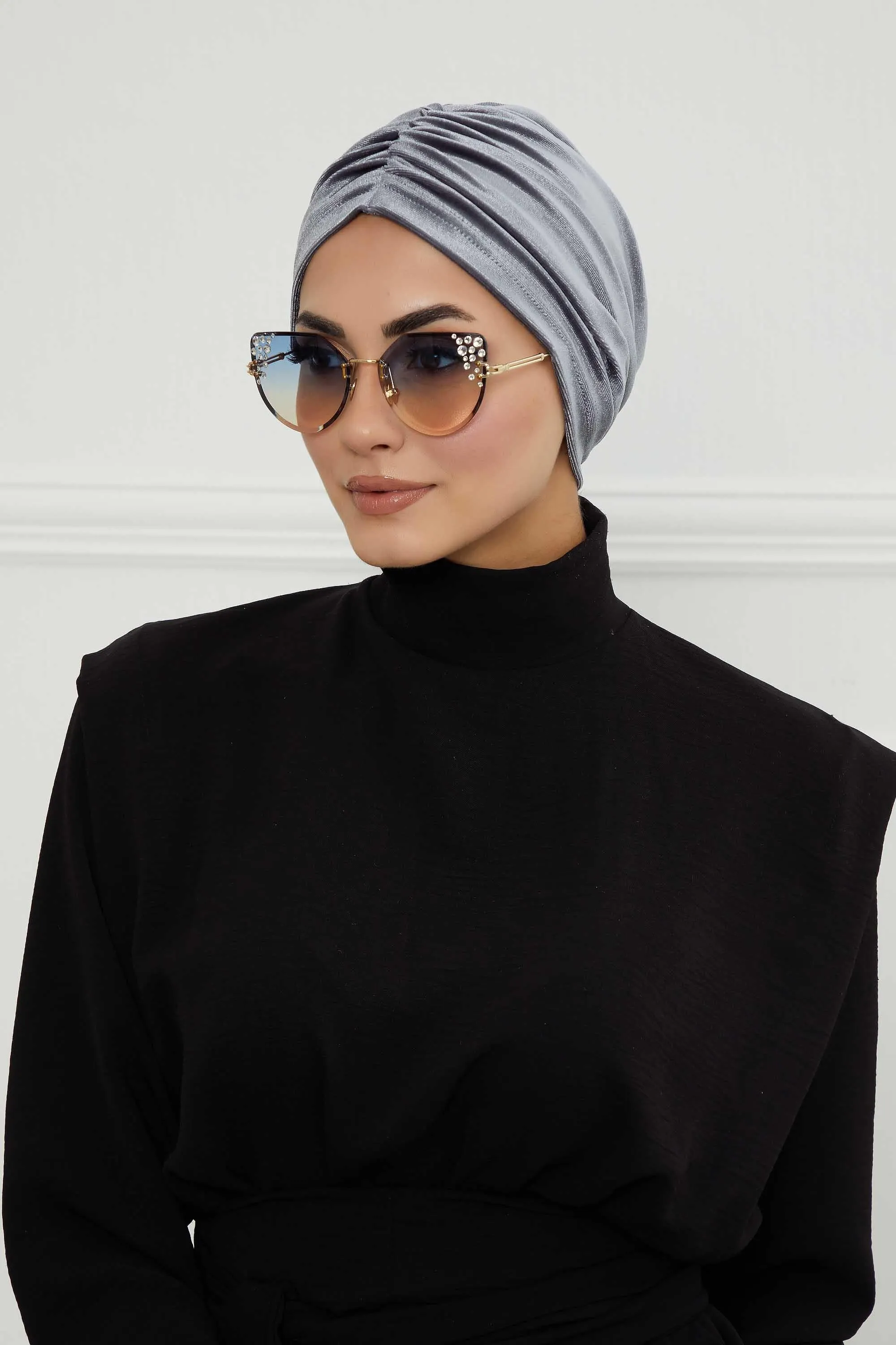 Elegant Velvet Shirred Instant Turban for Women, Luxurious Velour Instant Headwrap, Fashionable Pre-Tied Hijab Turban Cap for Women,B-20K