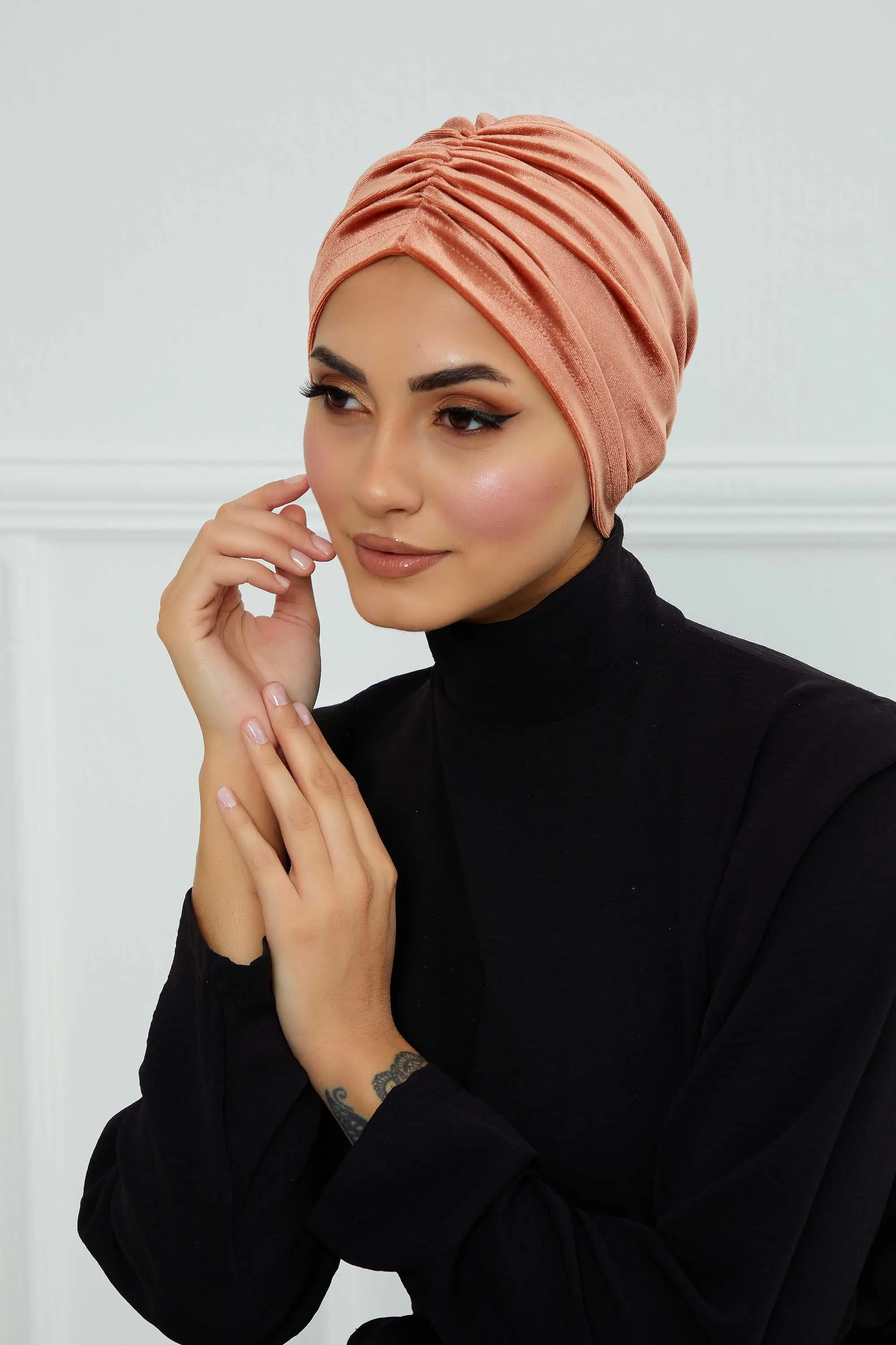 Elegant Velvet Shirred Instant Turban for Women, Luxurious Velour Instant Headwrap, Fashionable Pre-Tied Hijab Turban Cap for Women,B-20K