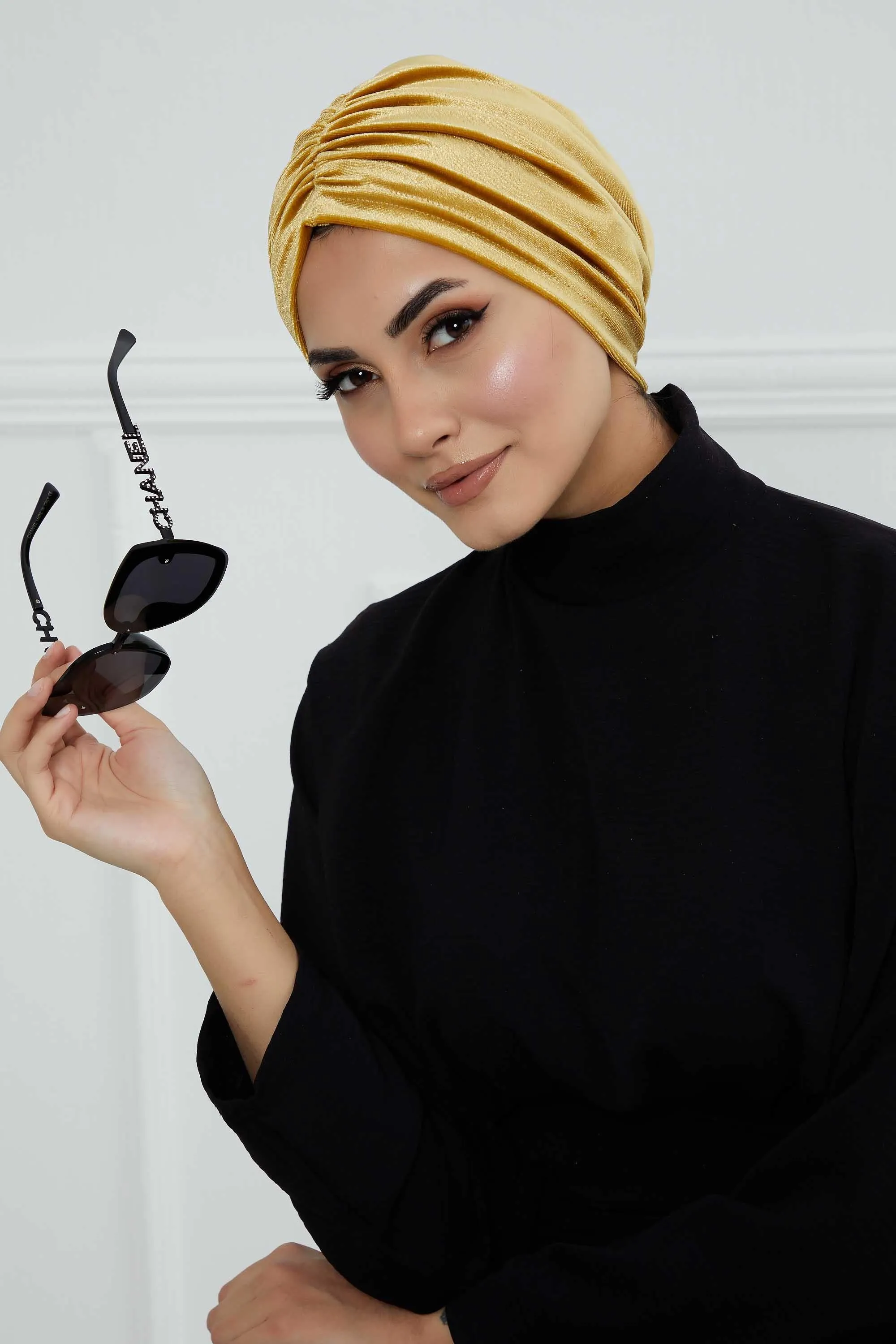 Elegant Velvet Shirred Instant Turban for Women, Luxurious Velour Instant Headwrap, Fashionable Pre-Tied Hijab Turban Cap for Women,B-20K