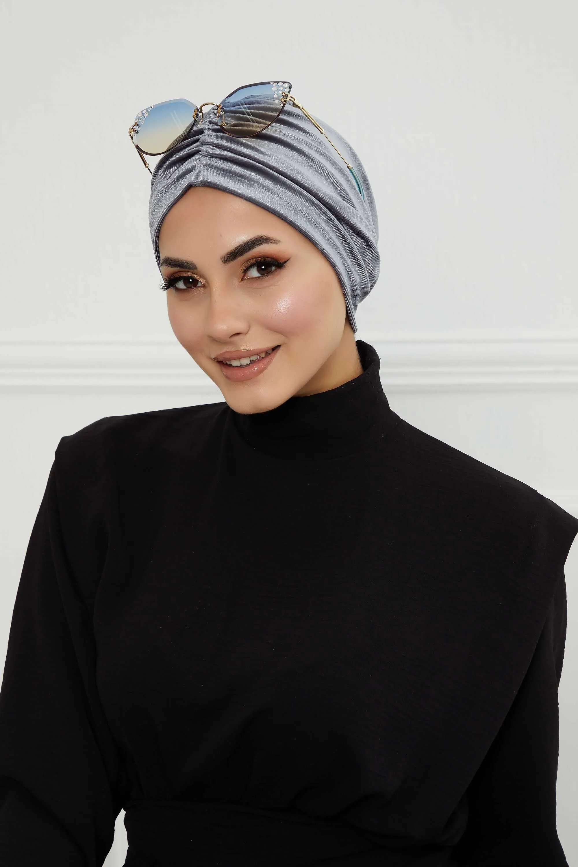 Elegant Velvet Shirred Instant Turban for Women, Luxurious Velour Instant Headwrap, Fashionable Pre-Tied Hijab Turban Cap for Women,B-20K