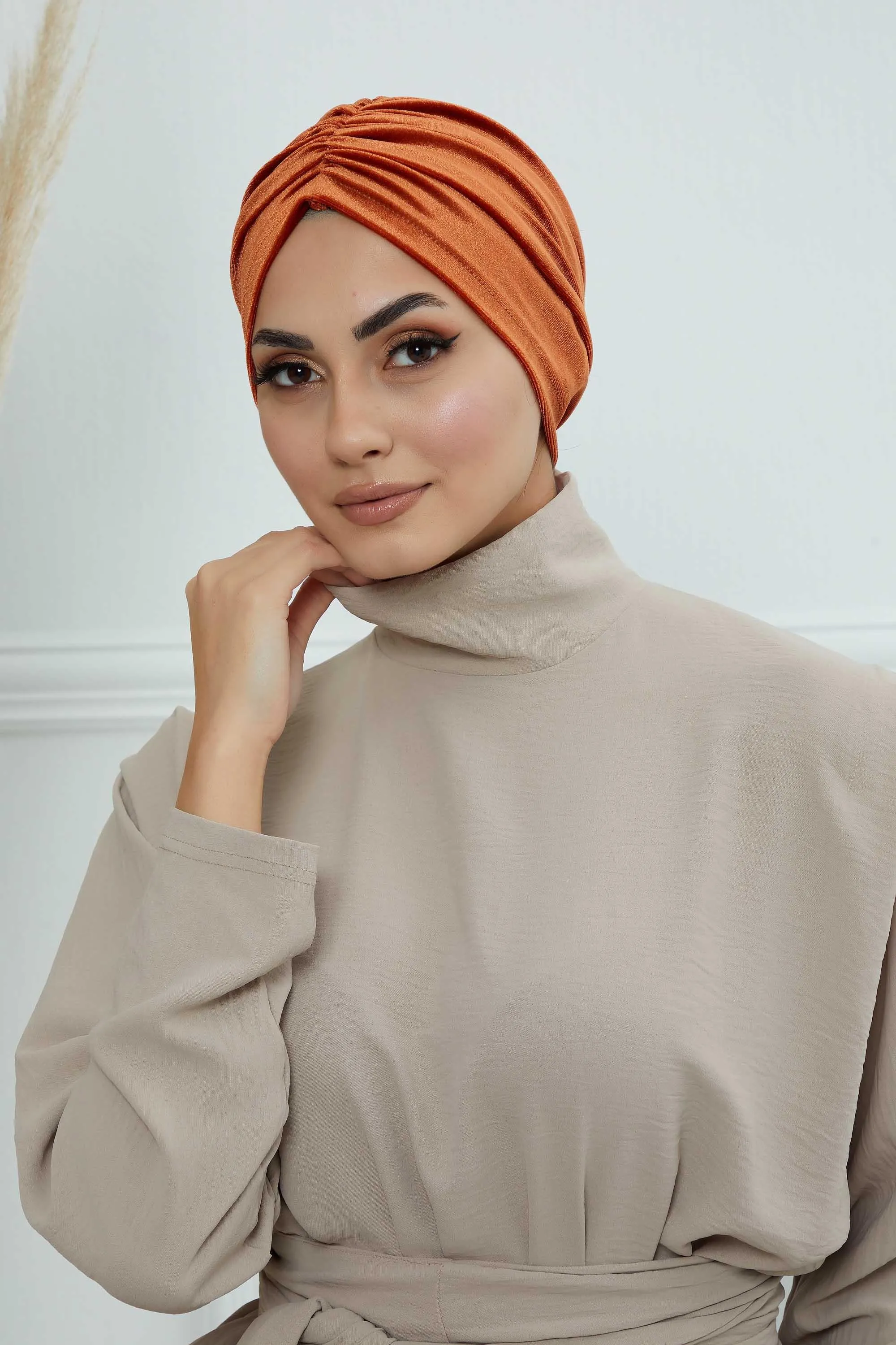 Elegant Velvet Shirred Instant Turban for Women, Luxurious Velour Instant Headwrap, Fashionable Pre-Tied Hijab Turban Cap for Women,B-20K