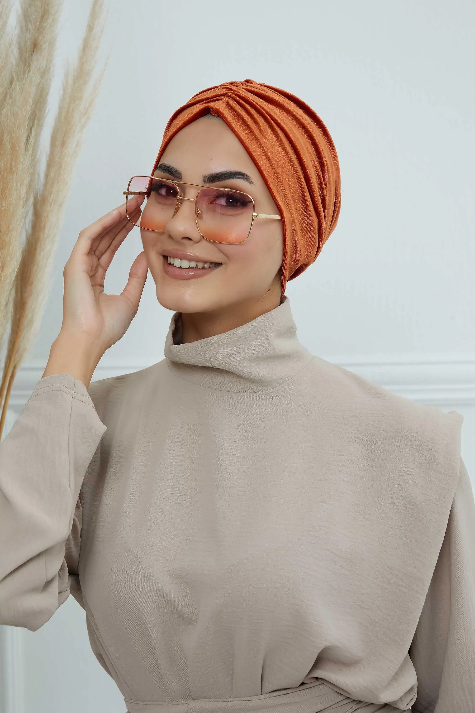 Elegant Velvet Shirred Instant Turban for Women, Luxurious Velour Instant Headwrap, Fashionable Pre-Tied Hijab Turban Cap for Women,B-20K