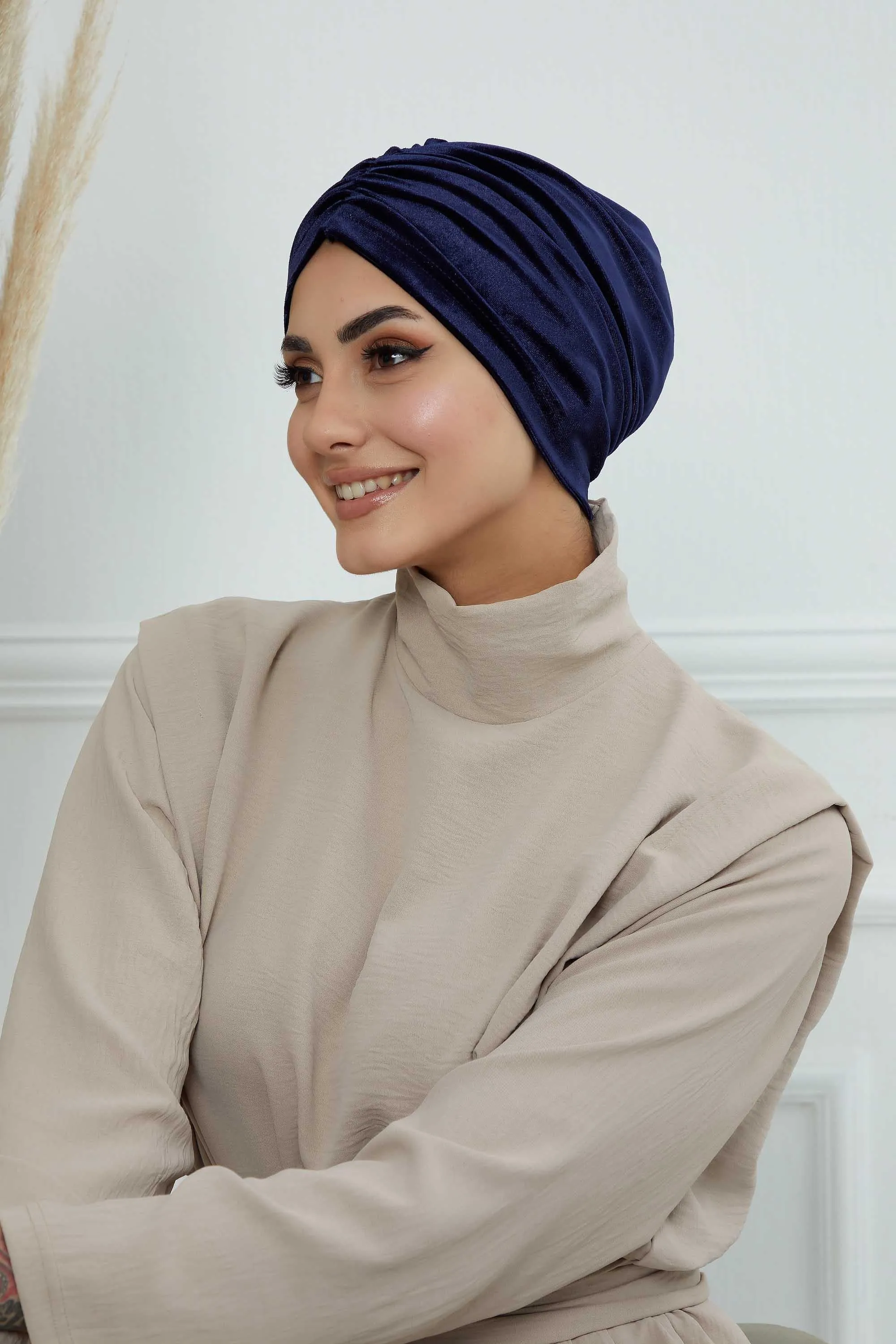 Elegant Velvet Shirred Instant Turban for Women, Luxurious Velour Instant Headwrap, Fashionable Pre-Tied Hijab Turban Cap for Women,B-20K