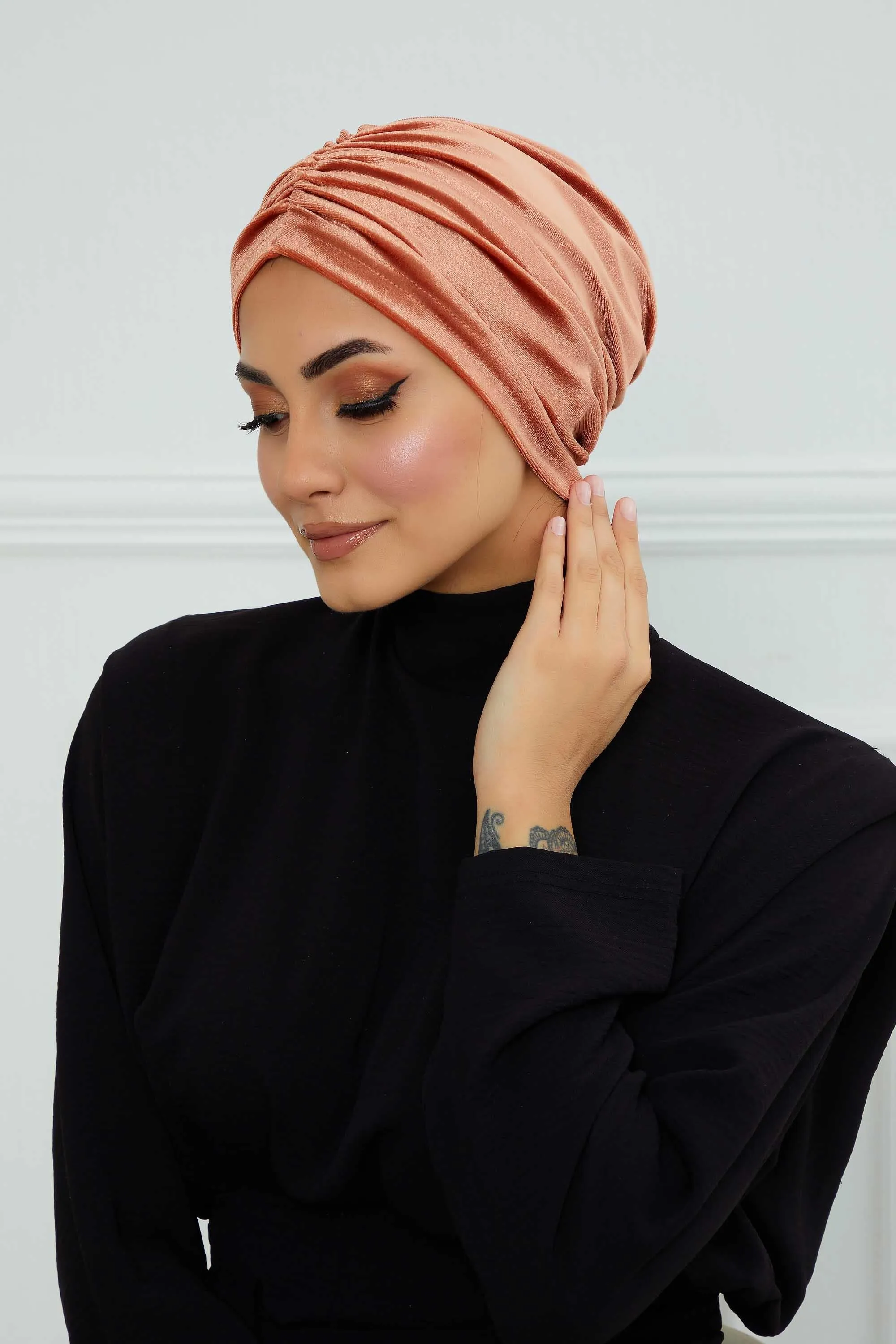 Elegant Velvet Shirred Instant Turban for Women, Luxurious Velour Instant Headwrap, Fashionable Pre-Tied Hijab Turban Cap for Women,B-20K