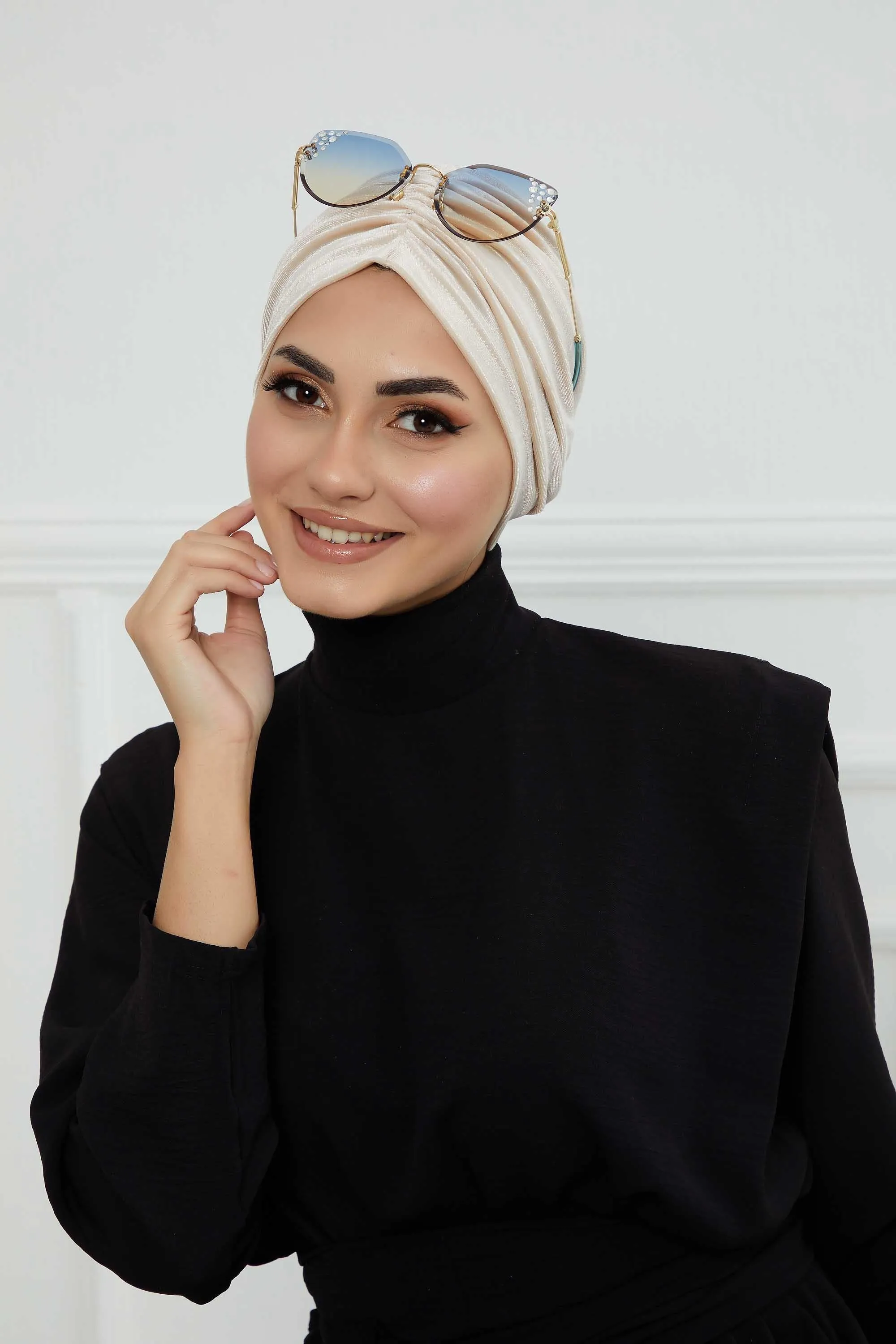 Elegant Velvet Shirred Instant Turban for Women, Luxurious Velour Instant Headwrap, Fashionable Pre-Tied Hijab Turban Cap for Women,B-20K