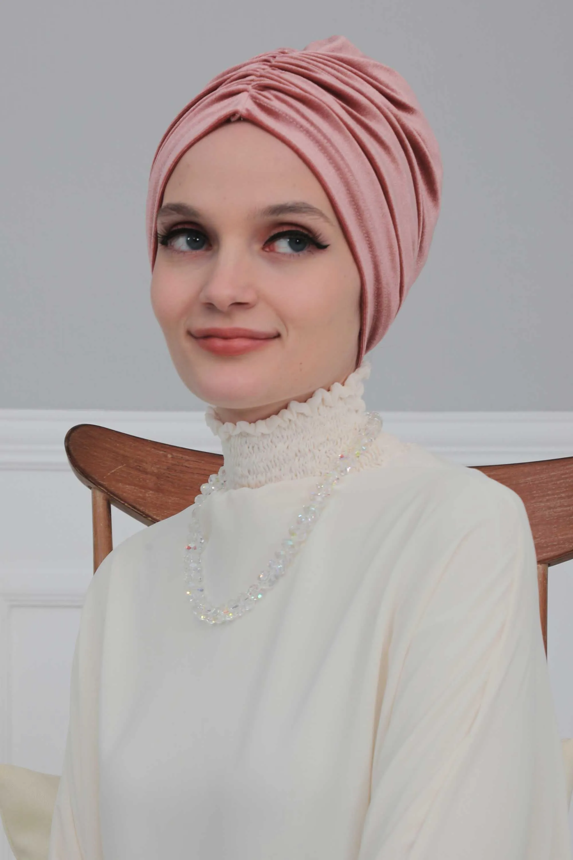 Elegant Velvet Shirred Instant Turban for Women, Luxurious Velour Instant Headwrap, Fashionable Pre-Tied Hijab Turban Cap for Women,B-20K
