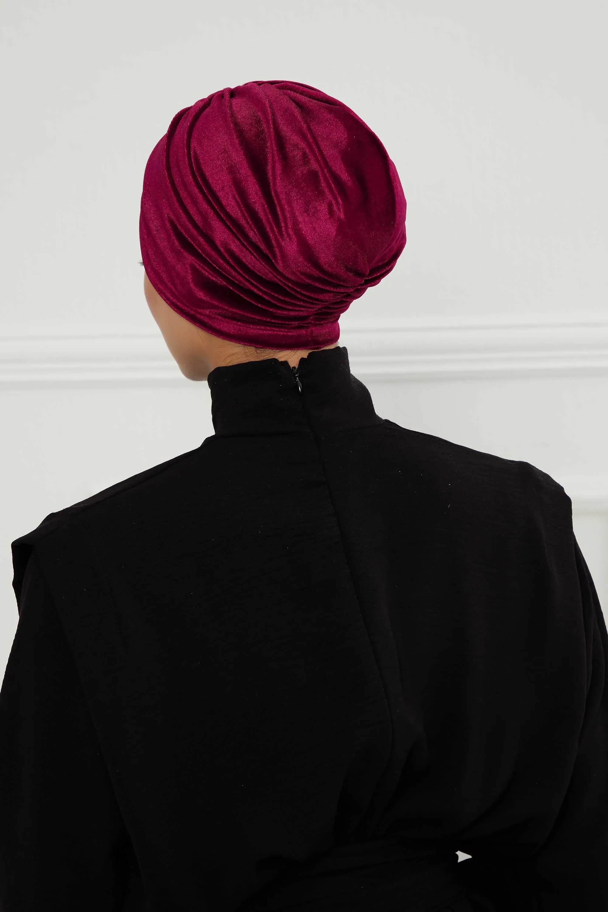Elegant Velvet Shirred Instant Turban for Women, Luxurious Velour Instant Headwrap, Fashionable Pre-Tied Hijab Turban Cap for Women,B-20K