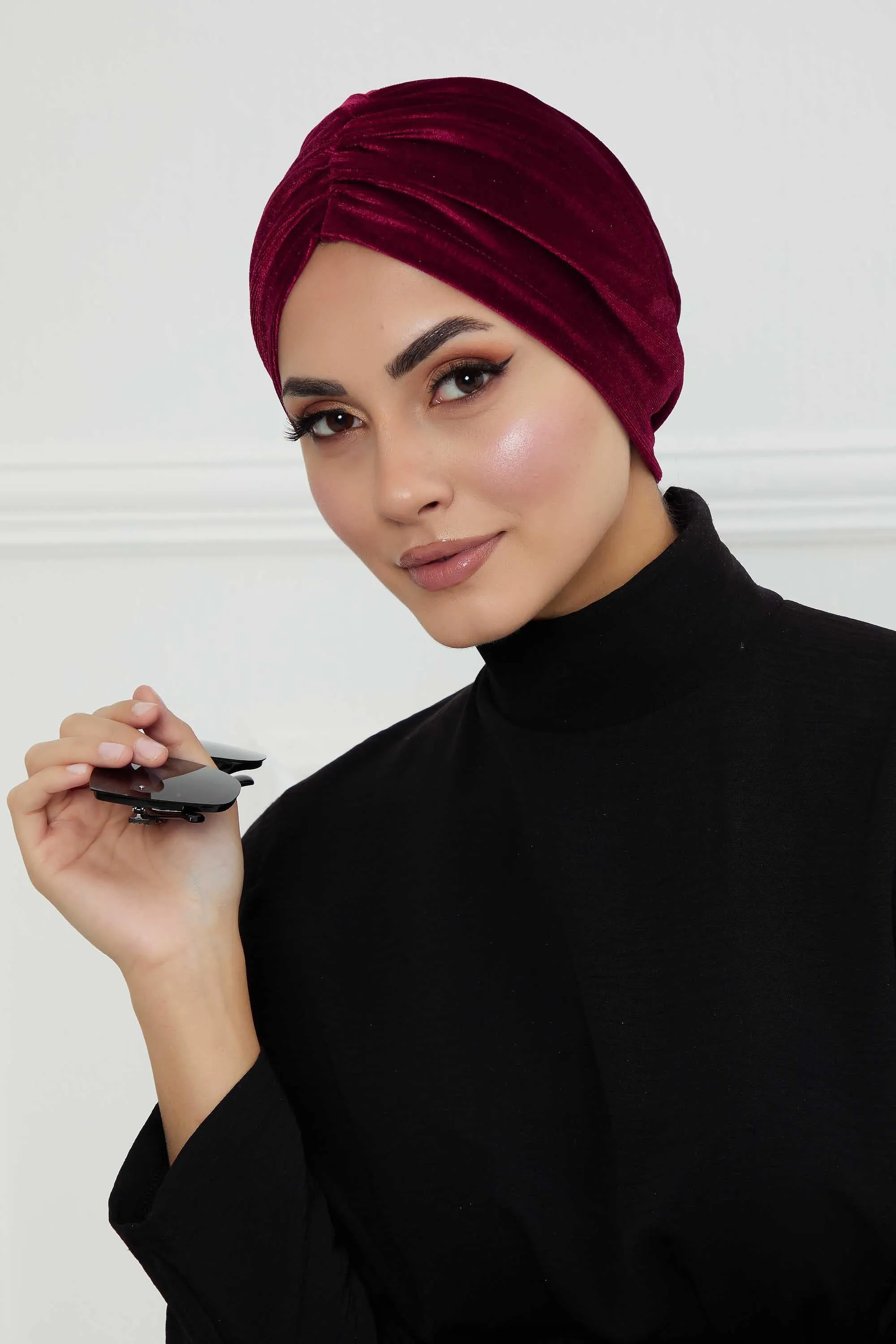 Elegant Velvet Shirred Instant Turban for Women, Luxurious Velour Instant Headwrap, Fashionable Pre-Tied Hijab Turban Cap for Women,B-20K