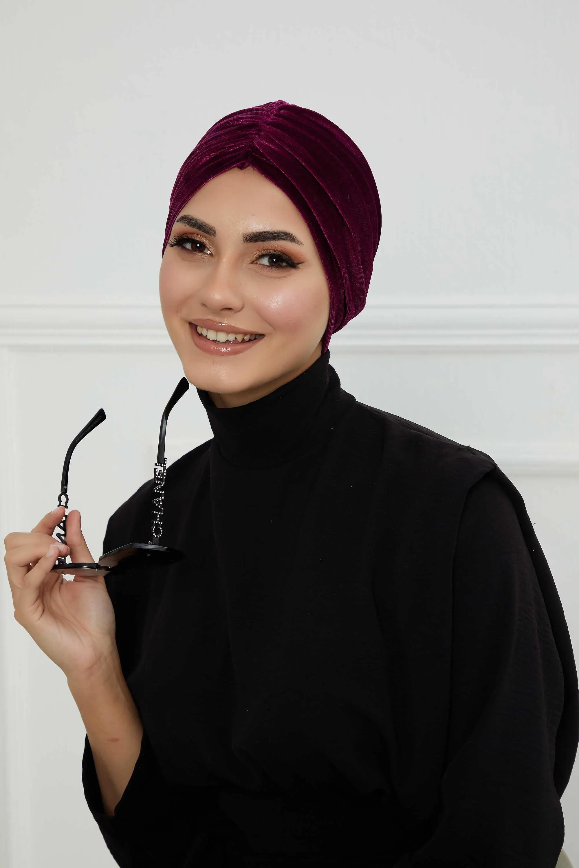 Elegant Velvet Shirred Instant Turban for Women, Luxurious Velour Instant Headwrap, Fashionable Pre-Tied Hijab Turban Cap for Women,B-20K