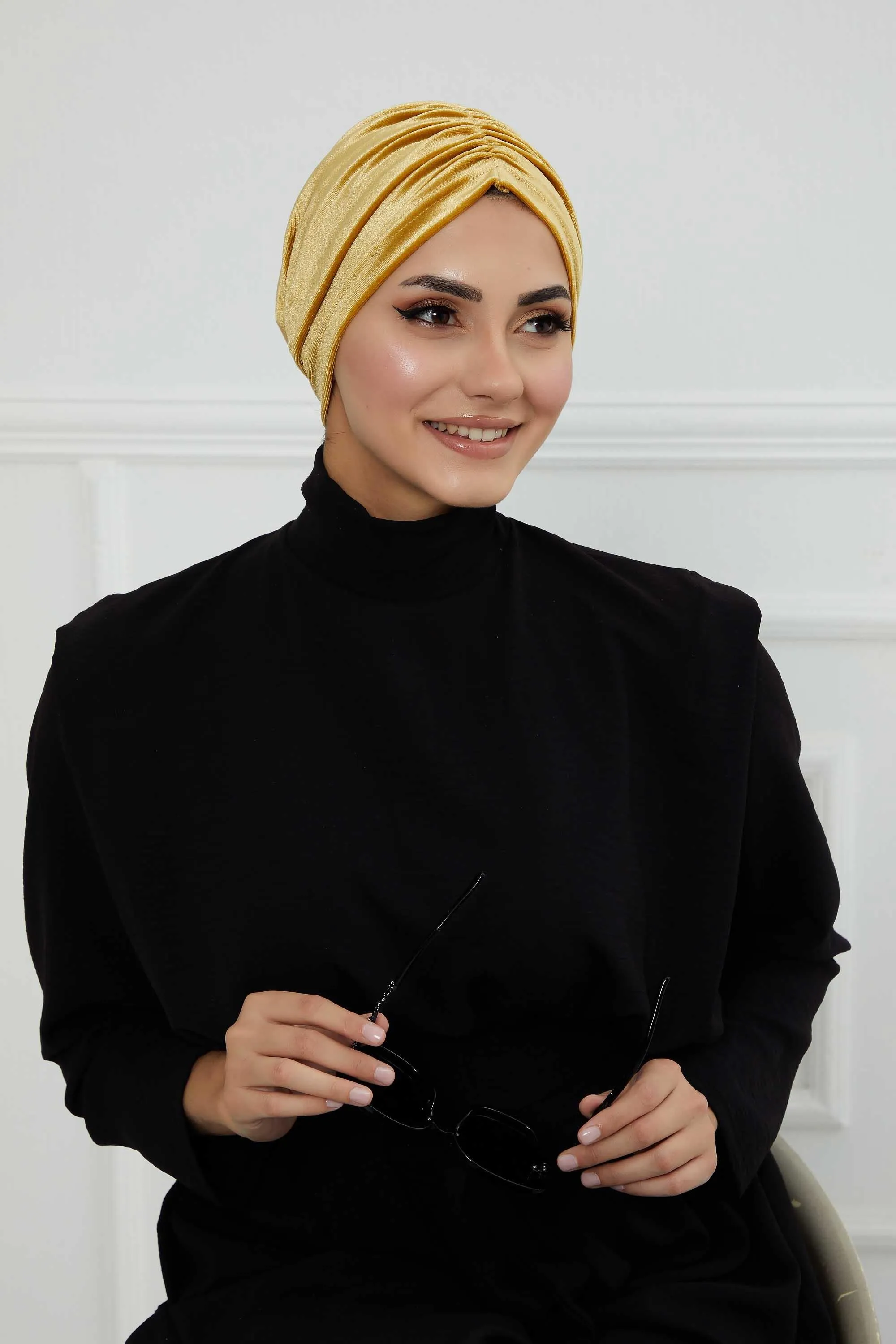 Elegant Velvet Shirred Instant Turban for Women, Luxurious Velour Instant Headwrap, Fashionable Pre-Tied Hijab Turban Cap for Women,B-20K