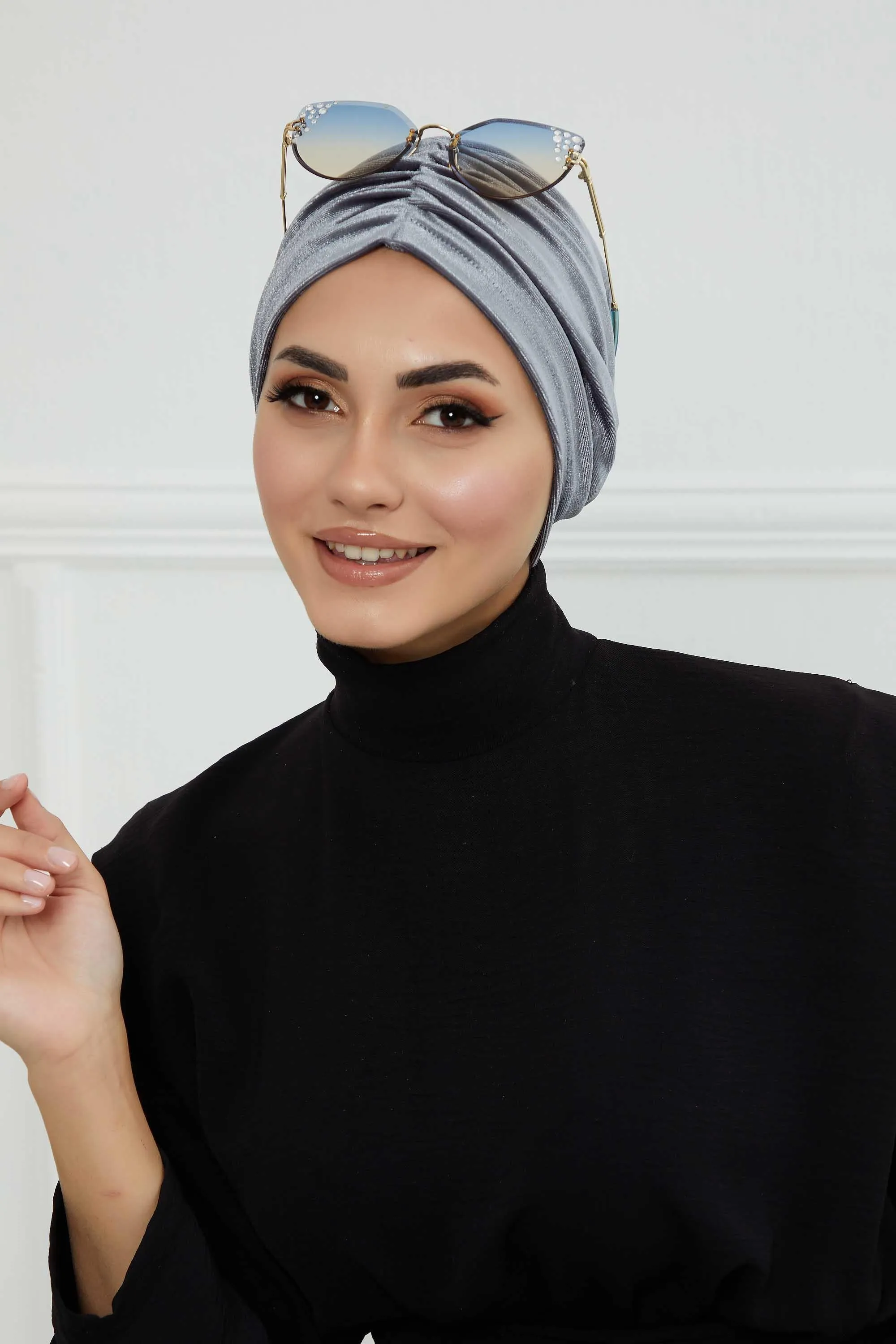 Elegant Velvet Shirred Instant Turban for Women, Luxurious Velour Instant Headwrap, Fashionable Pre-Tied Hijab Turban Cap for Women,B-20K
