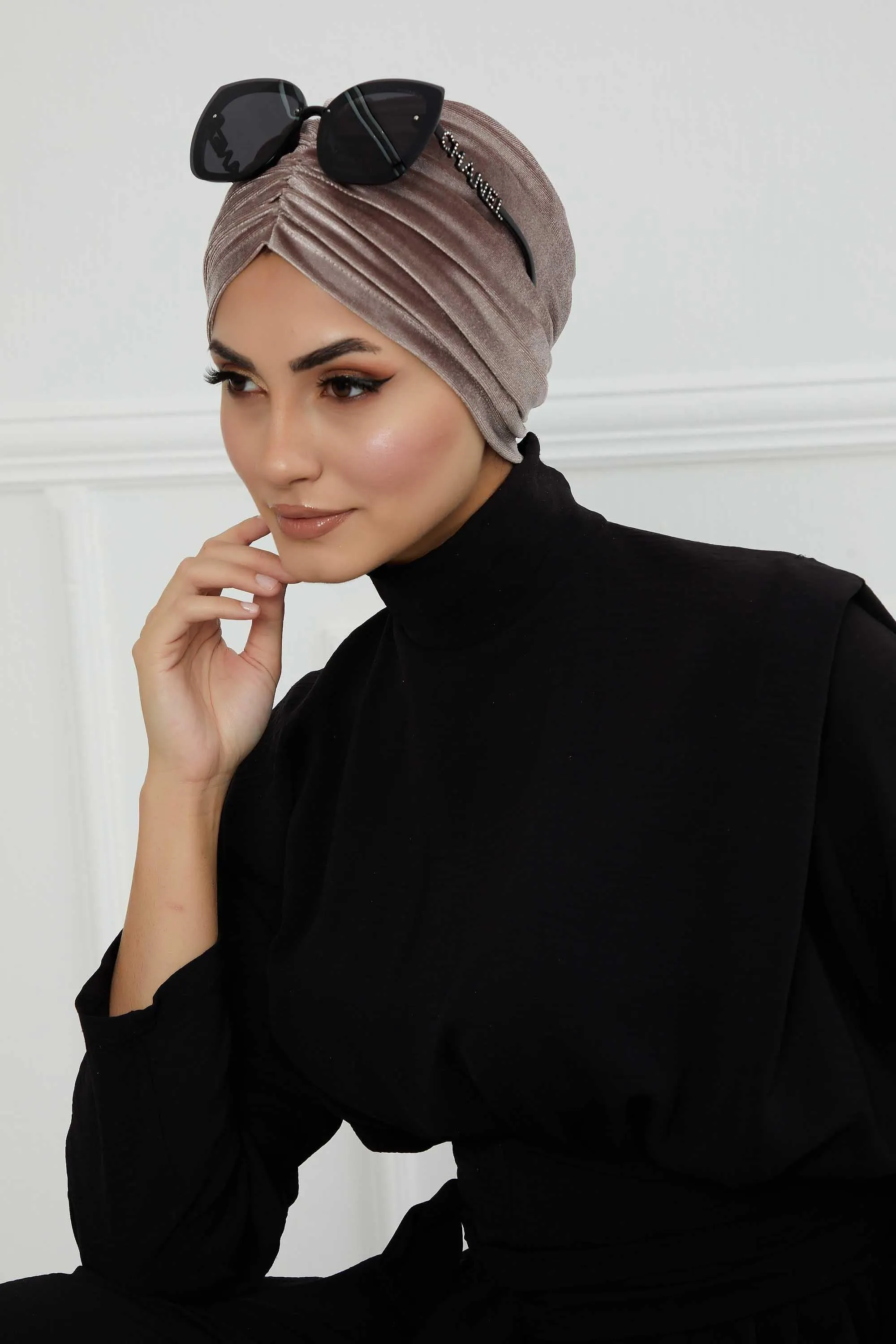 Elegant Velvet Shirred Instant Turban for Women, Luxurious Velour Instant Headwrap, Fashionable Pre-Tied Hijab Turban Cap for Women,B-20K