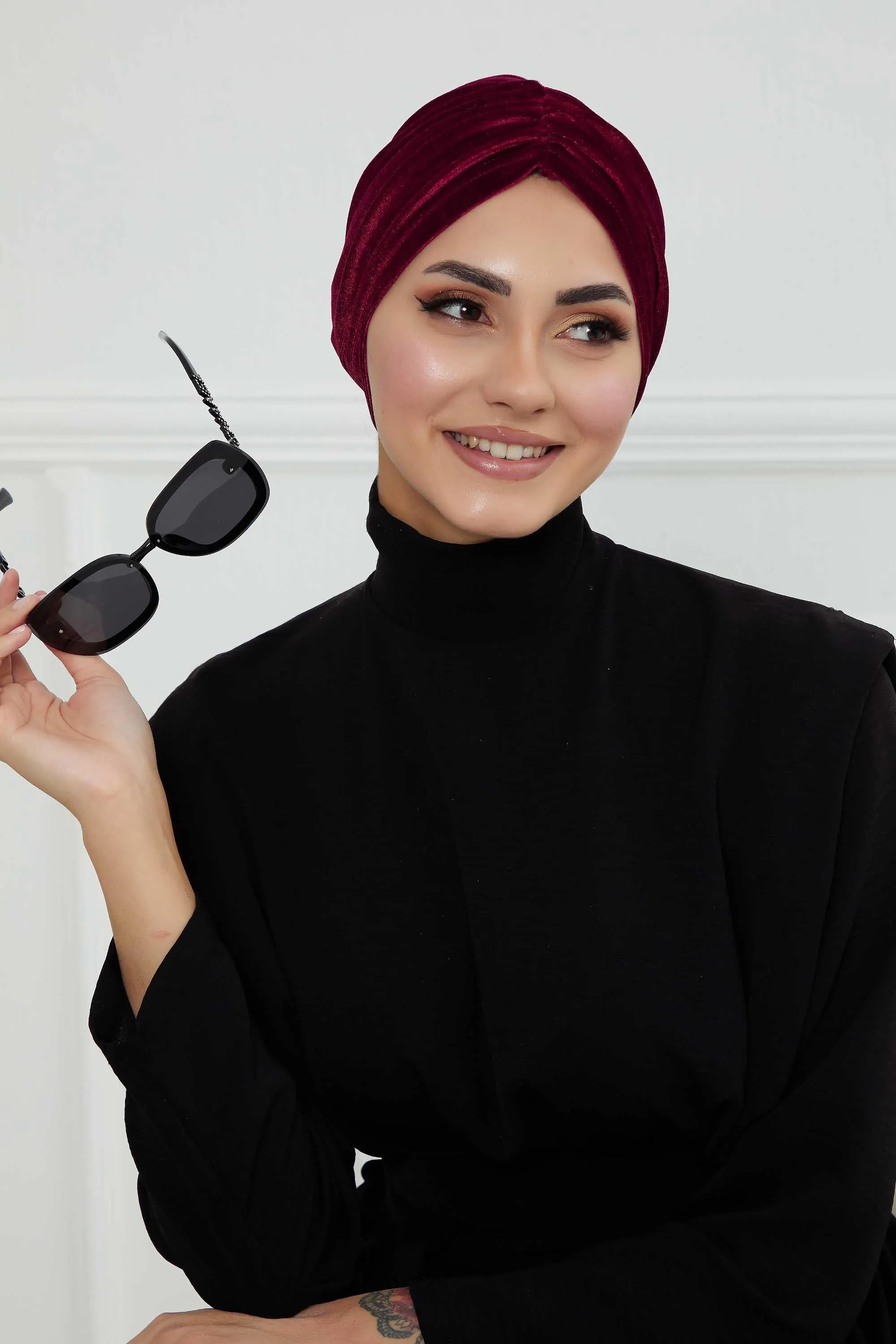 Elegant Velvet Shirred Instant Turban for Women, Luxurious Velour Instant Headwrap, Fashionable Pre-Tied Hijab Turban Cap for Women,B-20K