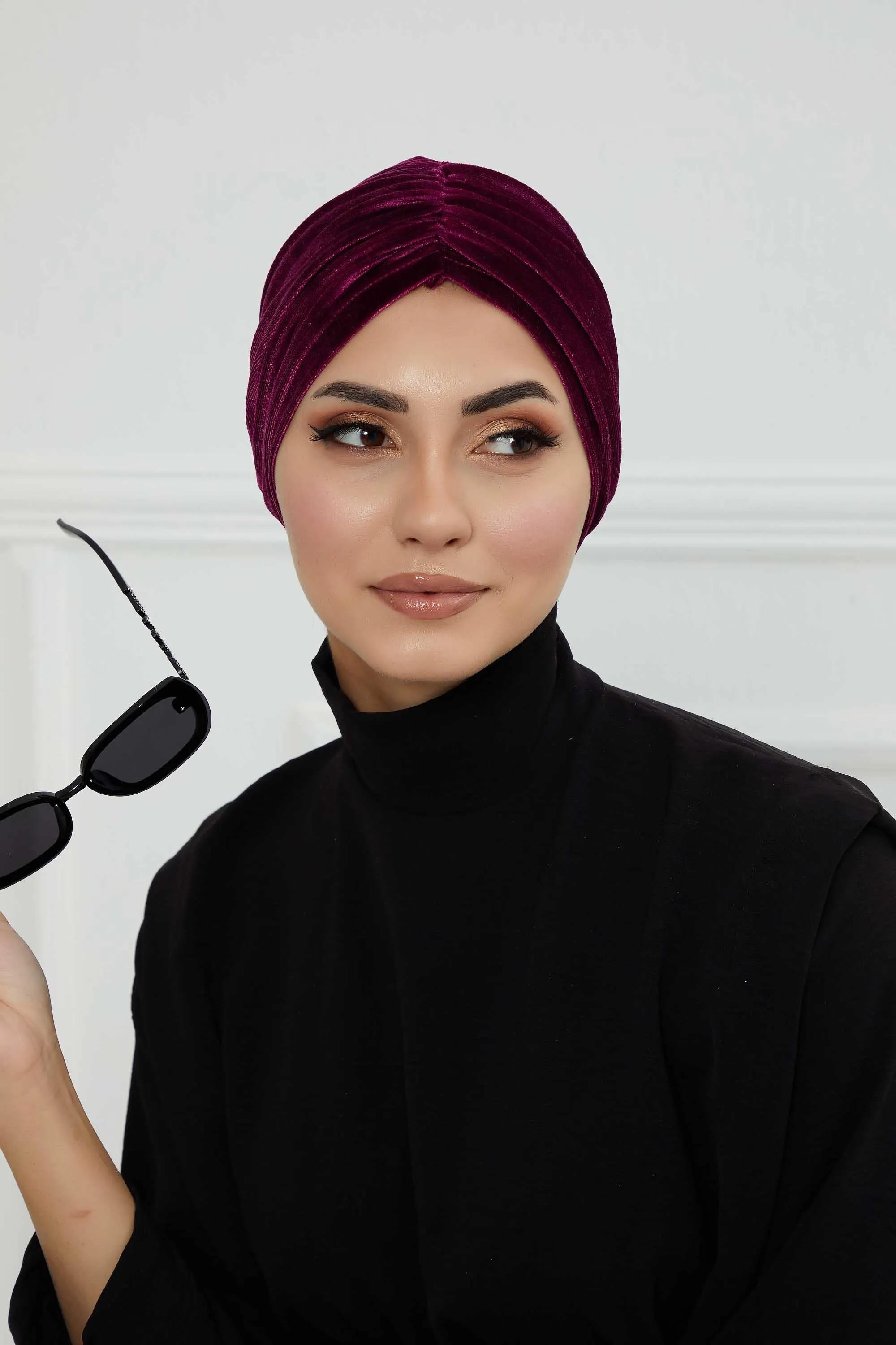 Elegant Velvet Shirred Instant Turban for Women, Luxurious Velour Instant Headwrap, Fashionable Pre-Tied Hijab Turban Cap for Women,B-20K
