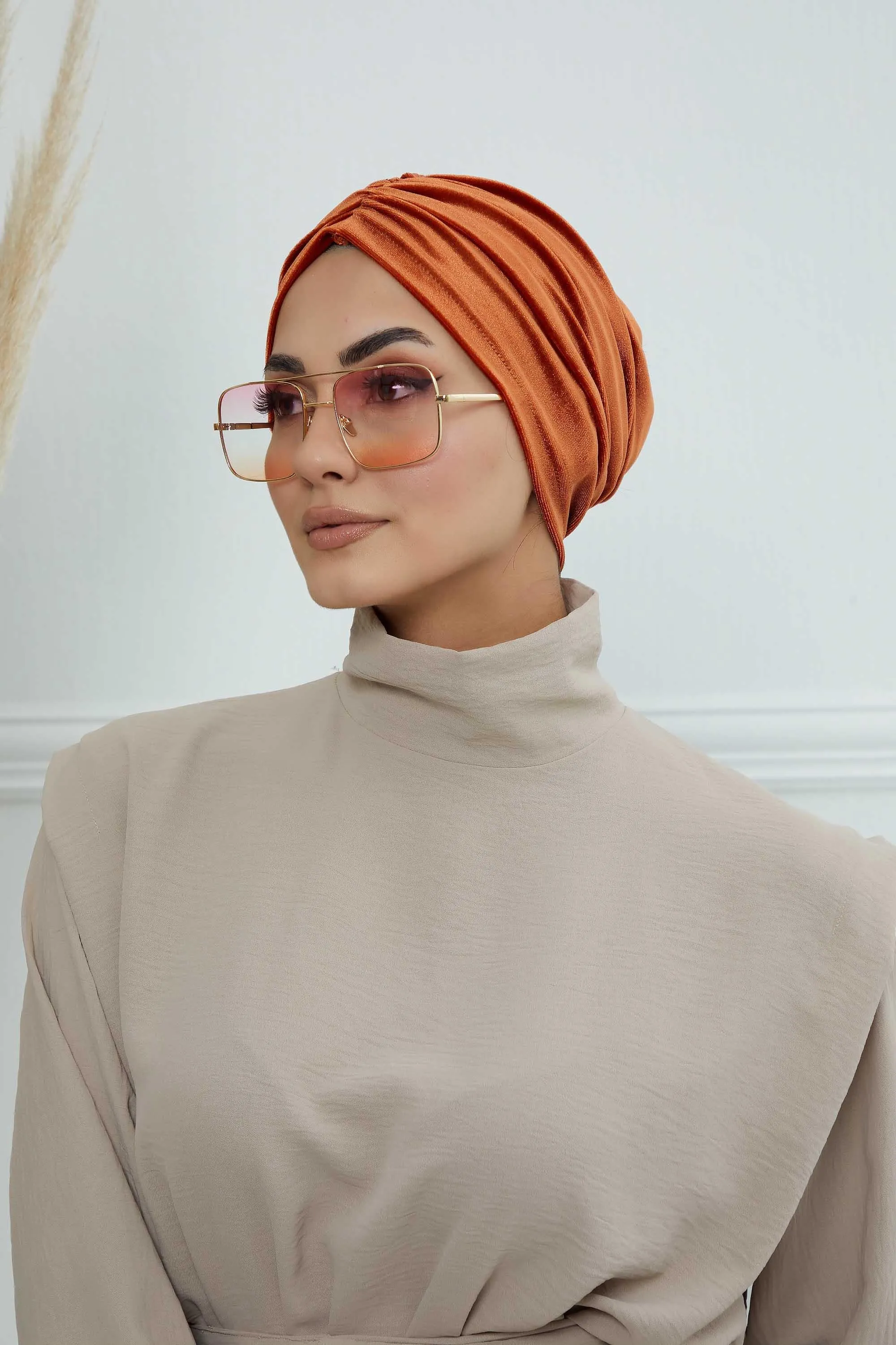 Elegant Velvet Shirred Instant Turban for Women, Luxurious Velour Instant Headwrap, Fashionable Pre-Tied Hijab Turban Cap for Women,B-20K