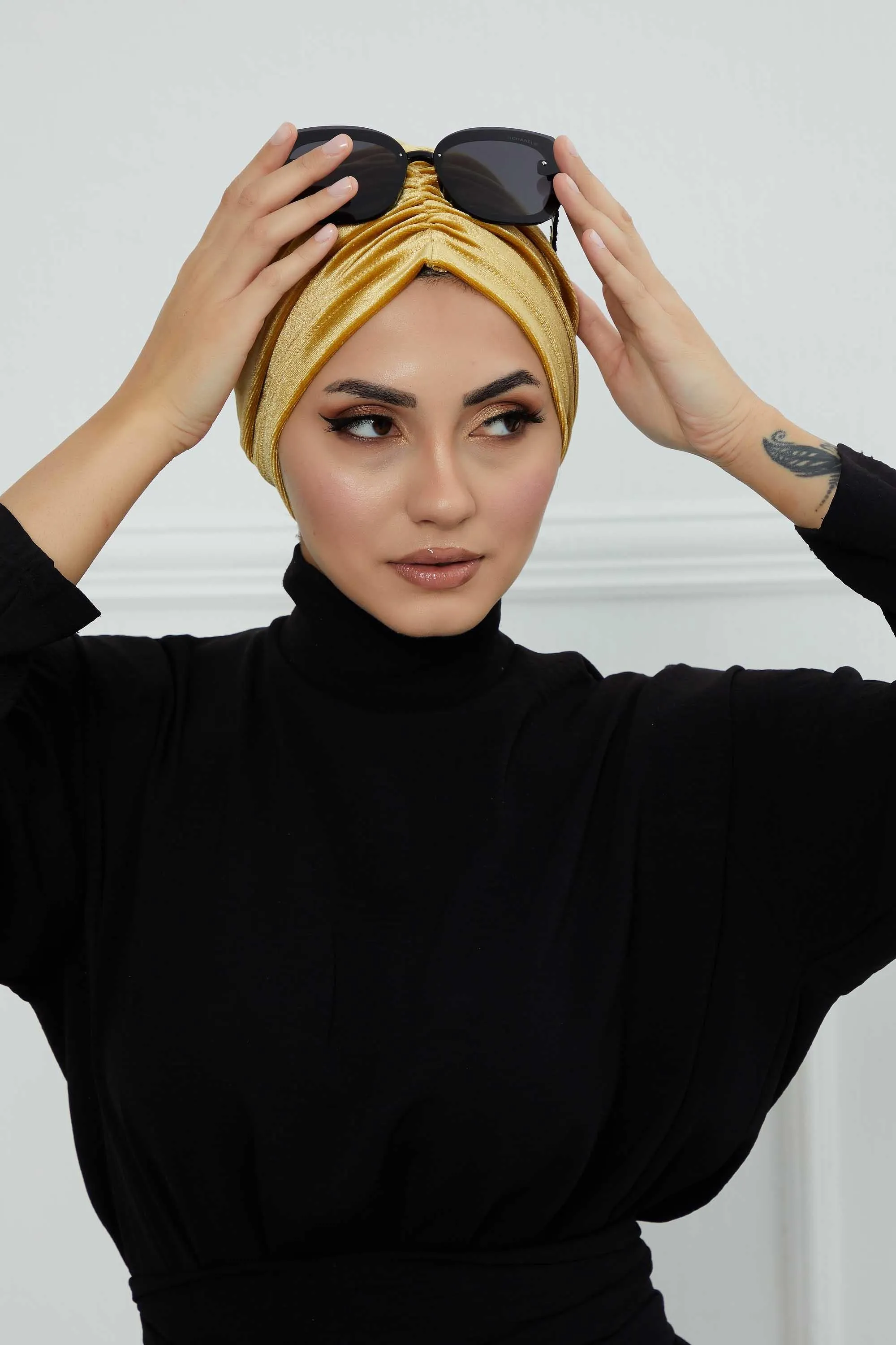 Elegant Velvet Shirred Instant Turban for Women, Luxurious Velour Instant Headwrap, Fashionable Pre-Tied Hijab Turban Cap for Women,B-20K
