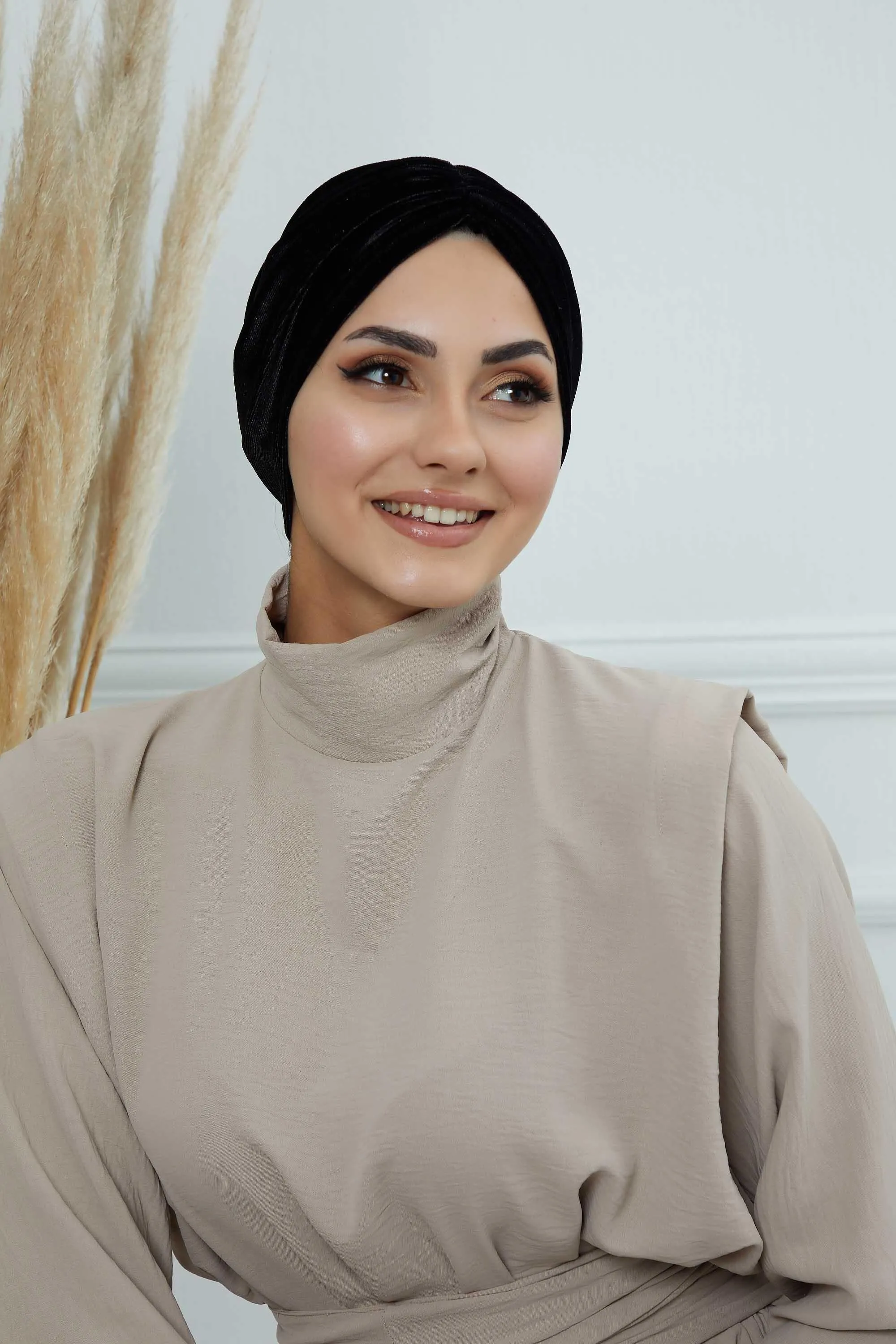 Elegant Velvet Shirred Instant Turban for Women, Luxurious Velour Instant Headwrap, Fashionable Pre-Tied Hijab Turban Cap for Women,B-20K