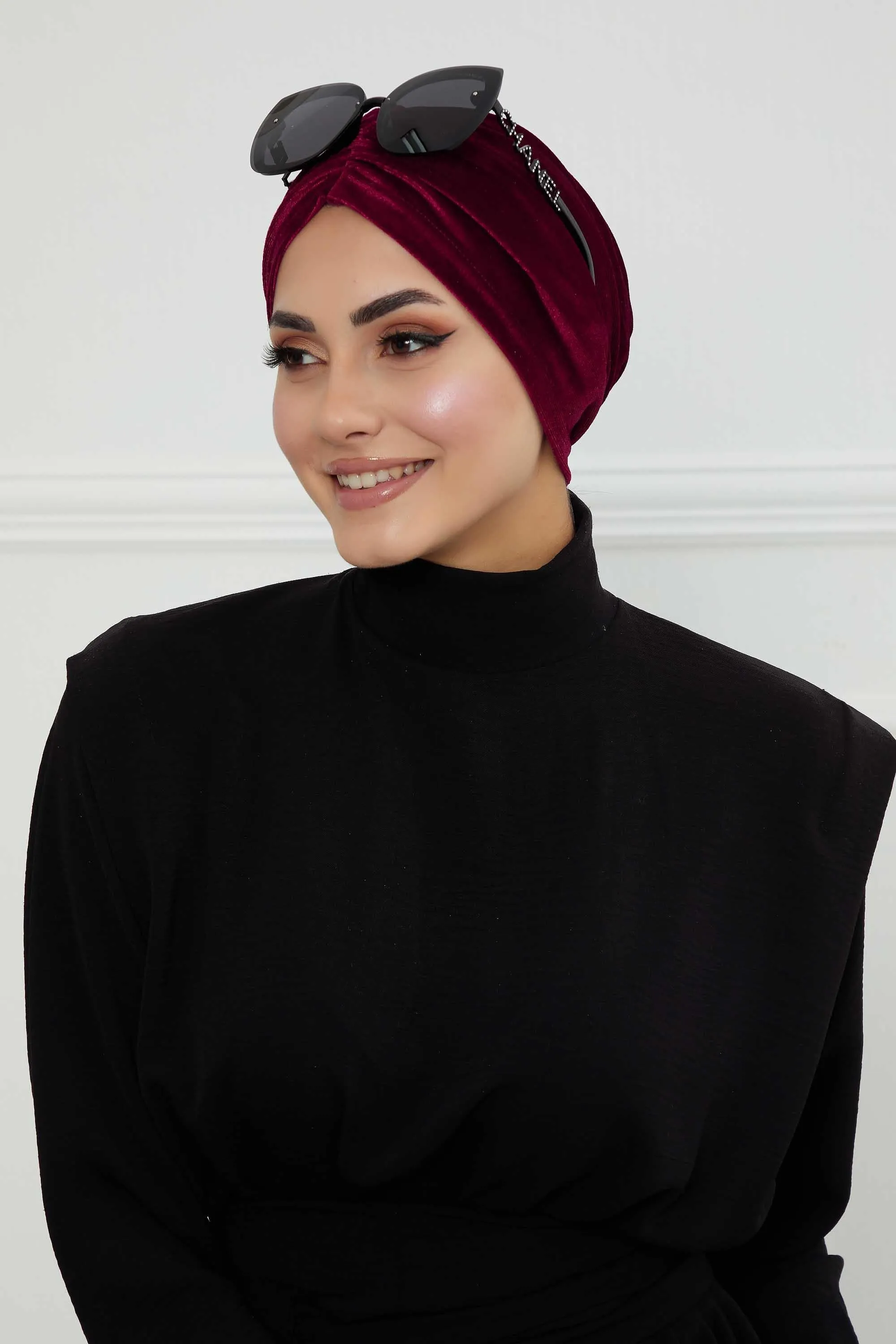 Elegant Velvet Shirred Instant Turban for Women, Luxurious Velour Instant Headwrap, Fashionable Pre-Tied Hijab Turban Cap for Women,B-20K