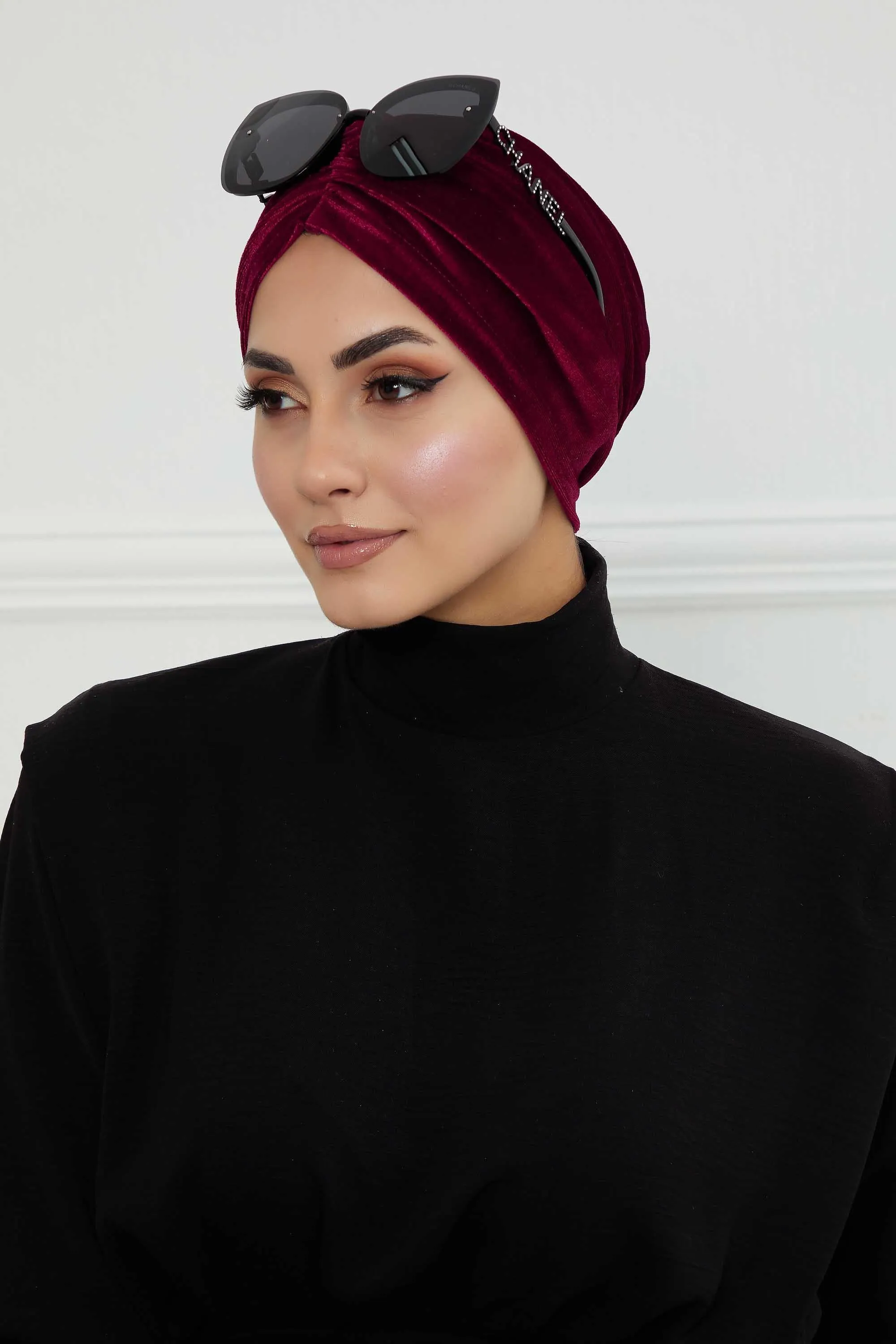 Elegant Velvet Shirred Instant Turban for Women, Luxurious Velour Instant Headwrap, Fashionable Pre-Tied Hijab Turban Cap for Women,B-20K