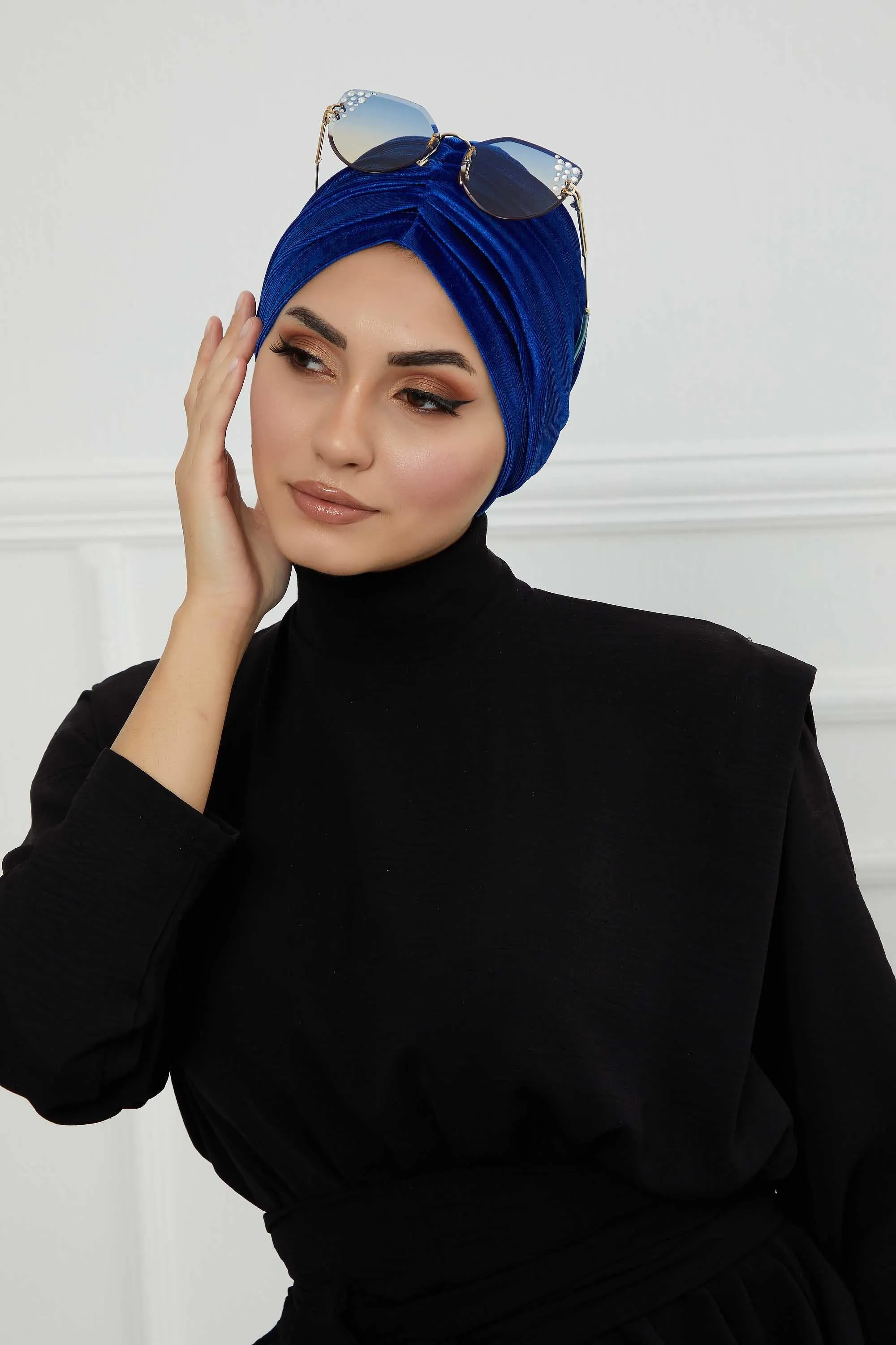 Elegant Velvet Shirred Instant Turban for Women, Luxurious Velour Instant Headwrap, Fashionable Pre-Tied Hijab Turban Cap for Women,B-20K