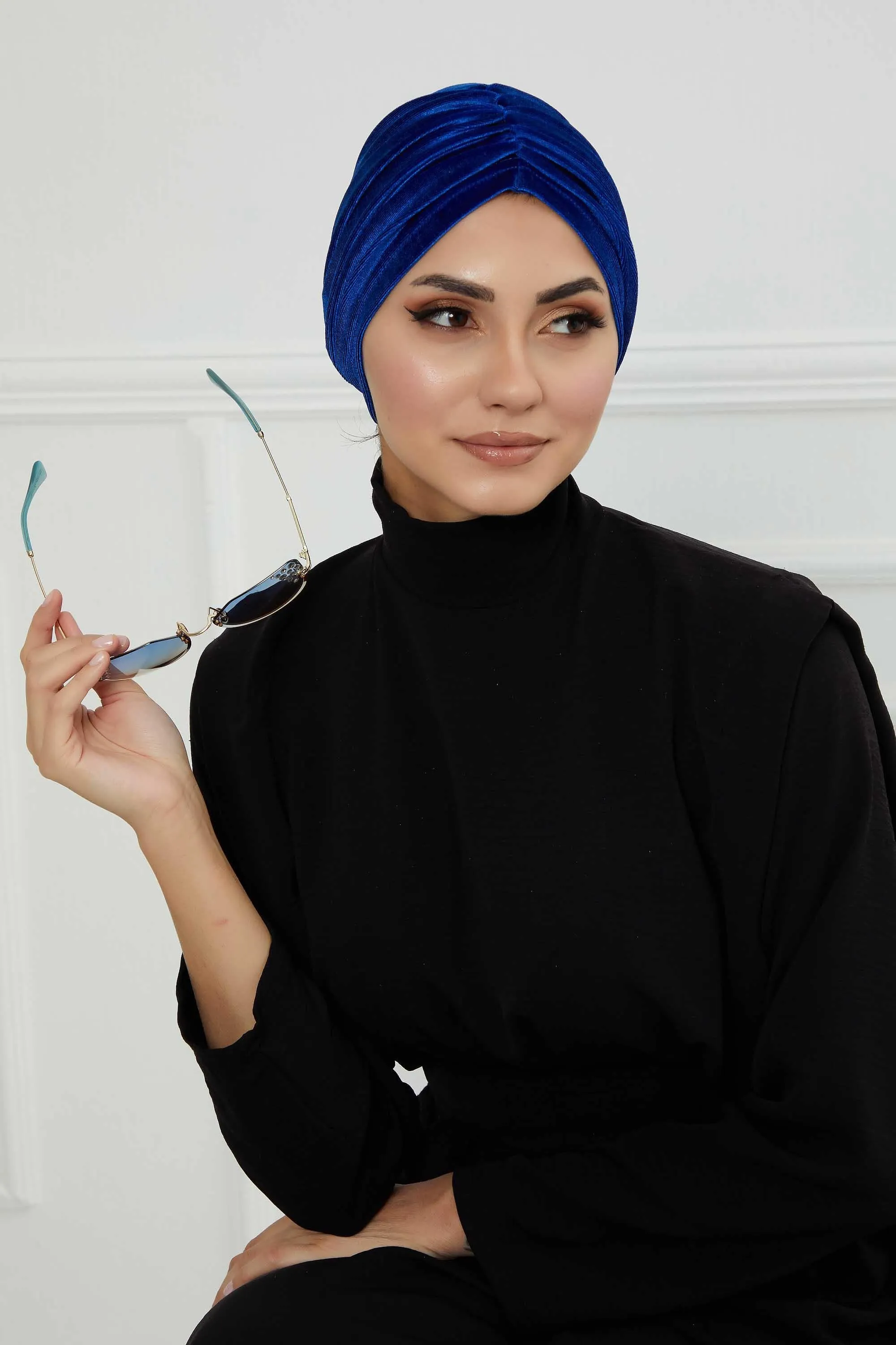 Elegant Velvet Shirred Instant Turban for Women, Luxurious Velour Instant Headwrap, Fashionable Pre-Tied Hijab Turban Cap for Women,B-20K