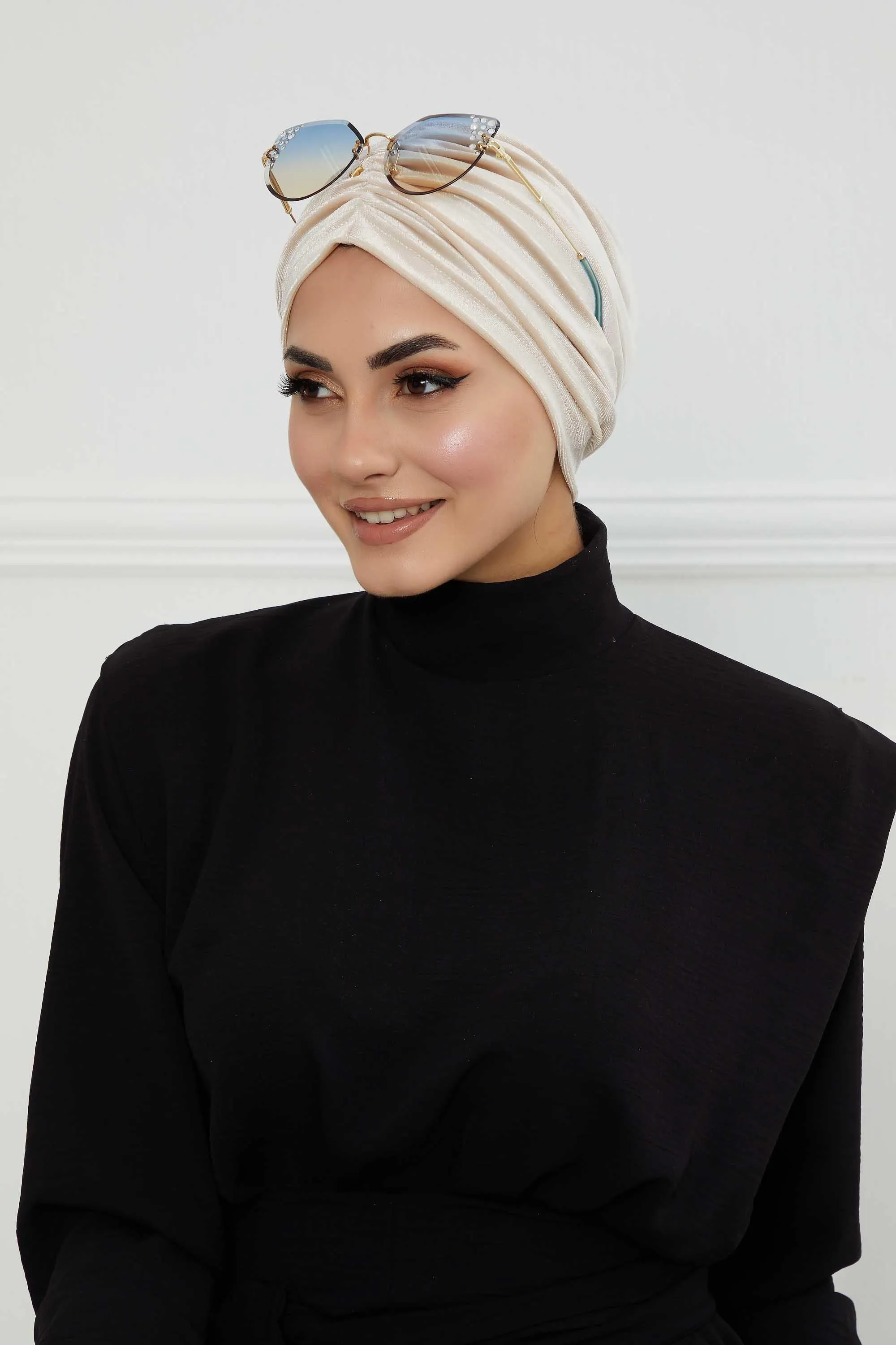 Elegant Velvet Shirred Instant Turban for Women, Luxurious Velour Instant Headwrap, Fashionable Pre-Tied Hijab Turban Cap for Women,B-20K
