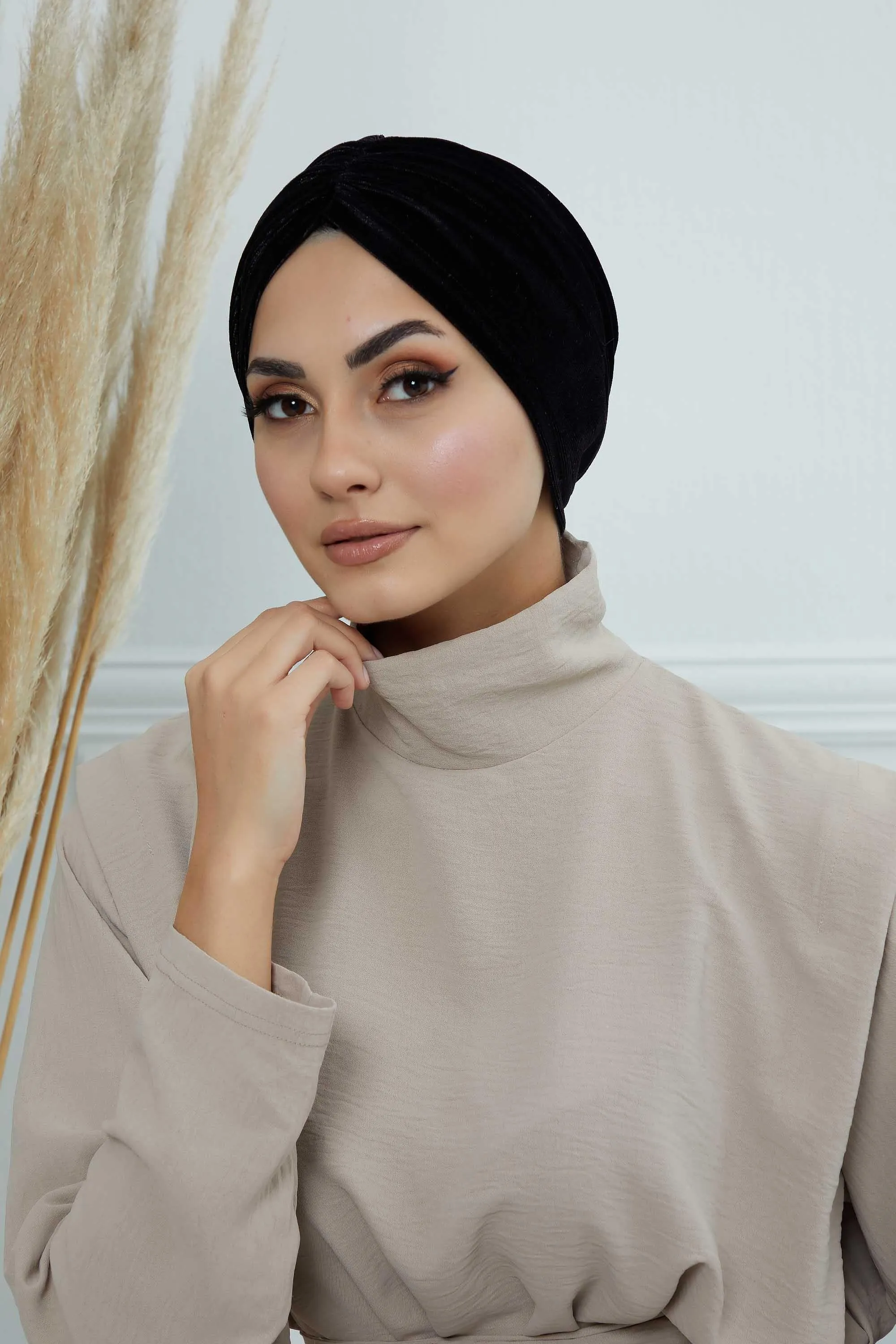 Elegant Velvet Shirred Instant Turban for Women, Luxurious Velour Instant Headwrap, Fashionable Pre-Tied Hijab Turban Cap for Women,B-20K
