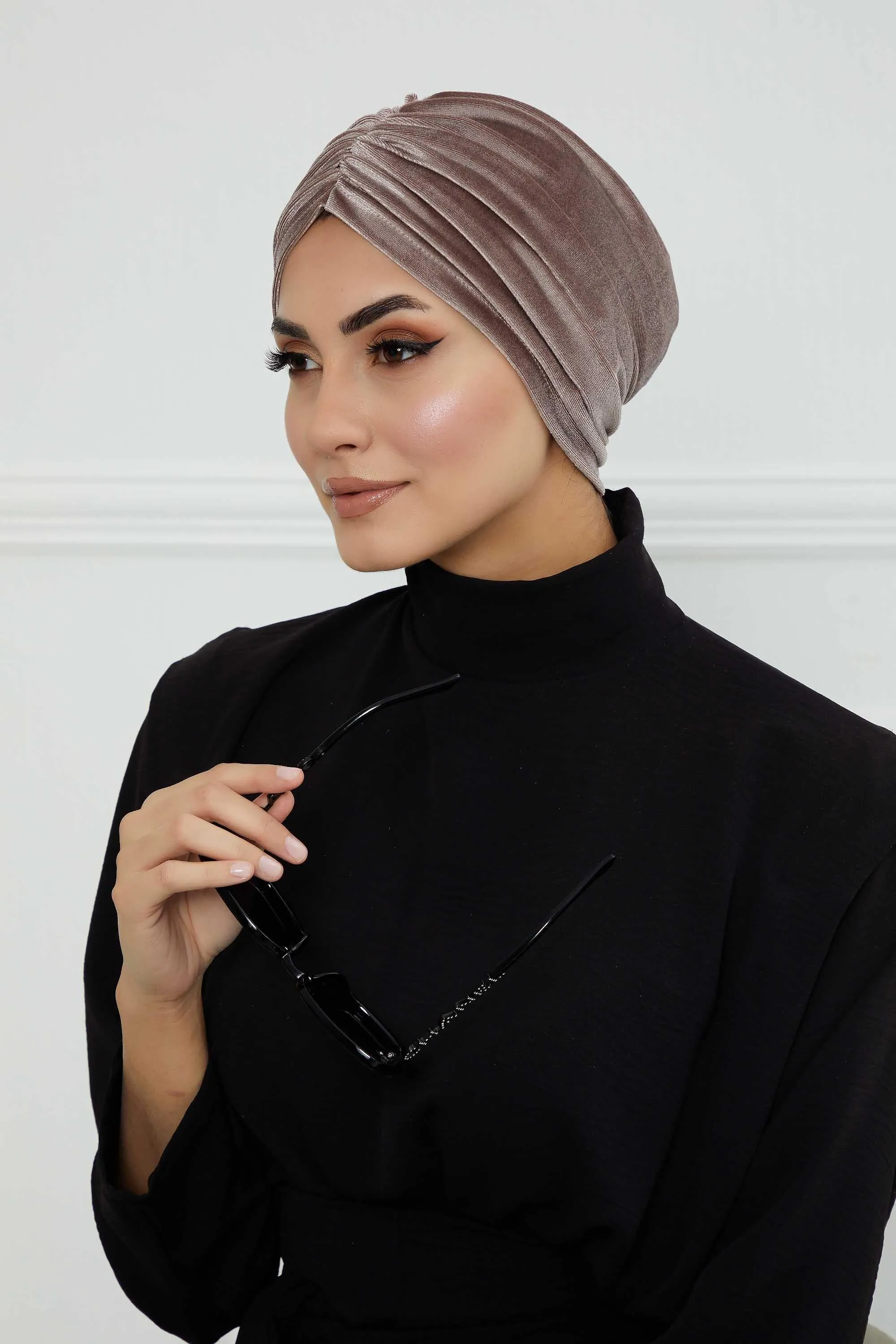 Elegant Velvet Shirred Instant Turban for Women, Luxurious Velour Instant Headwrap, Fashionable Pre-Tied Hijab Turban Cap for Women,B-20K