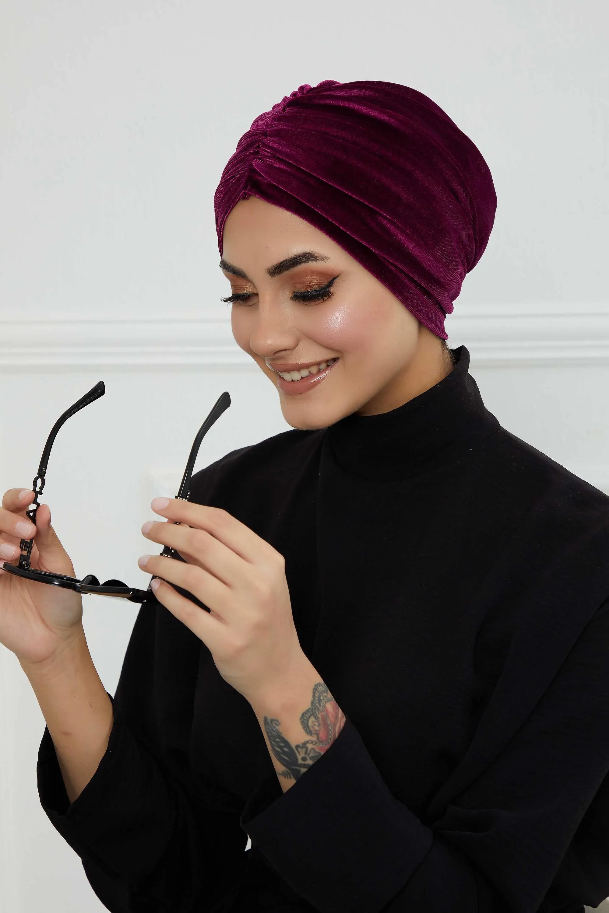 Elegant Velvet Shirred Instant Turban for Women, Luxurious Velour Instant Headwrap, Fashionable Pre-Tied Hijab Turban Cap for Women,B-20K