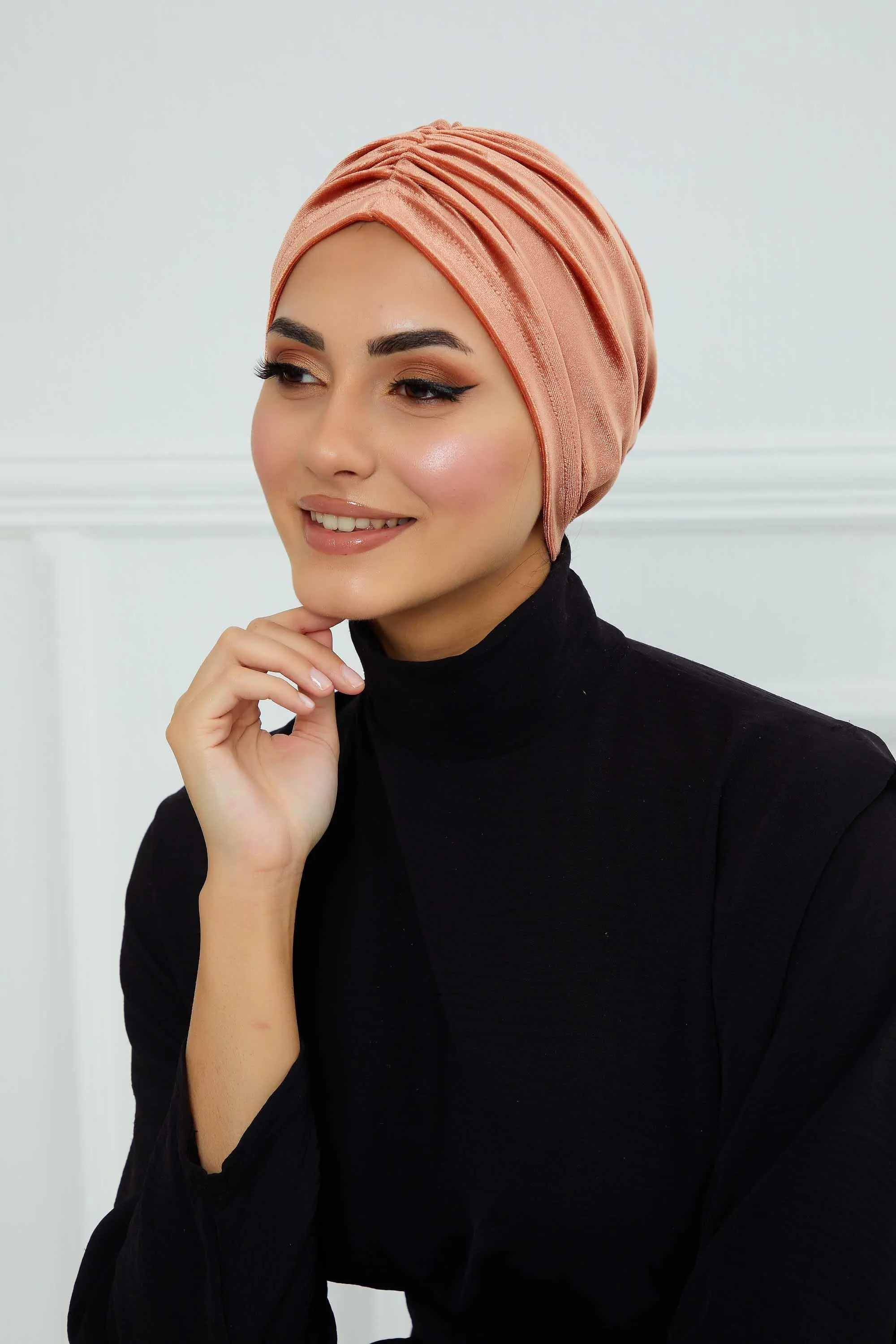 Elegant Velvet Shirred Instant Turban for Women, Luxurious Velour Instant Headwrap, Fashionable Pre-Tied Hijab Turban Cap for Women,B-20K