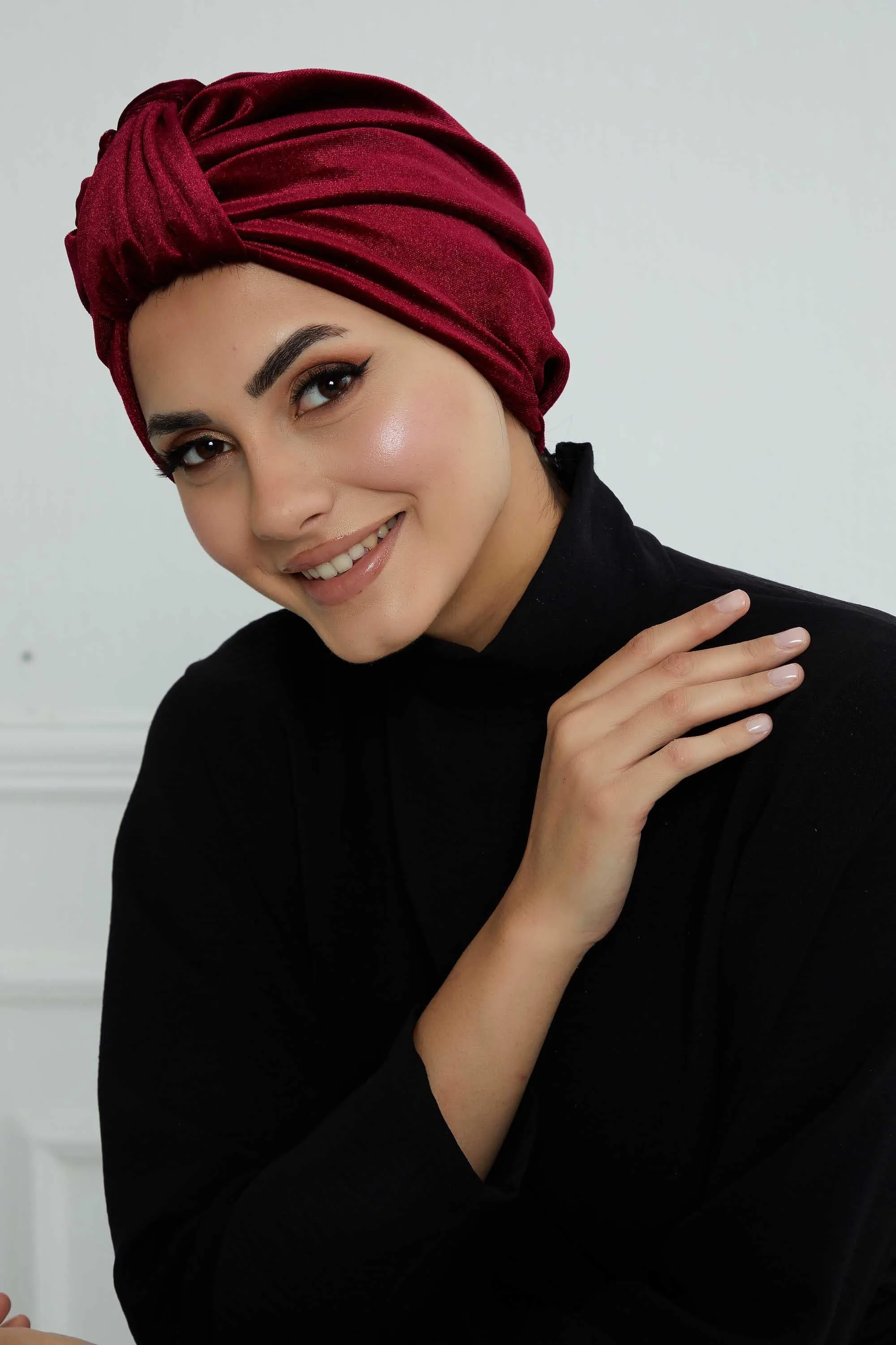 Glamour Knot Velvet Pre-Tied Turban, Super Soft Handmade Instant Turban Head Cover for Women, Velvet Winter Hat, Comfy Chemo Headwear,B-68K