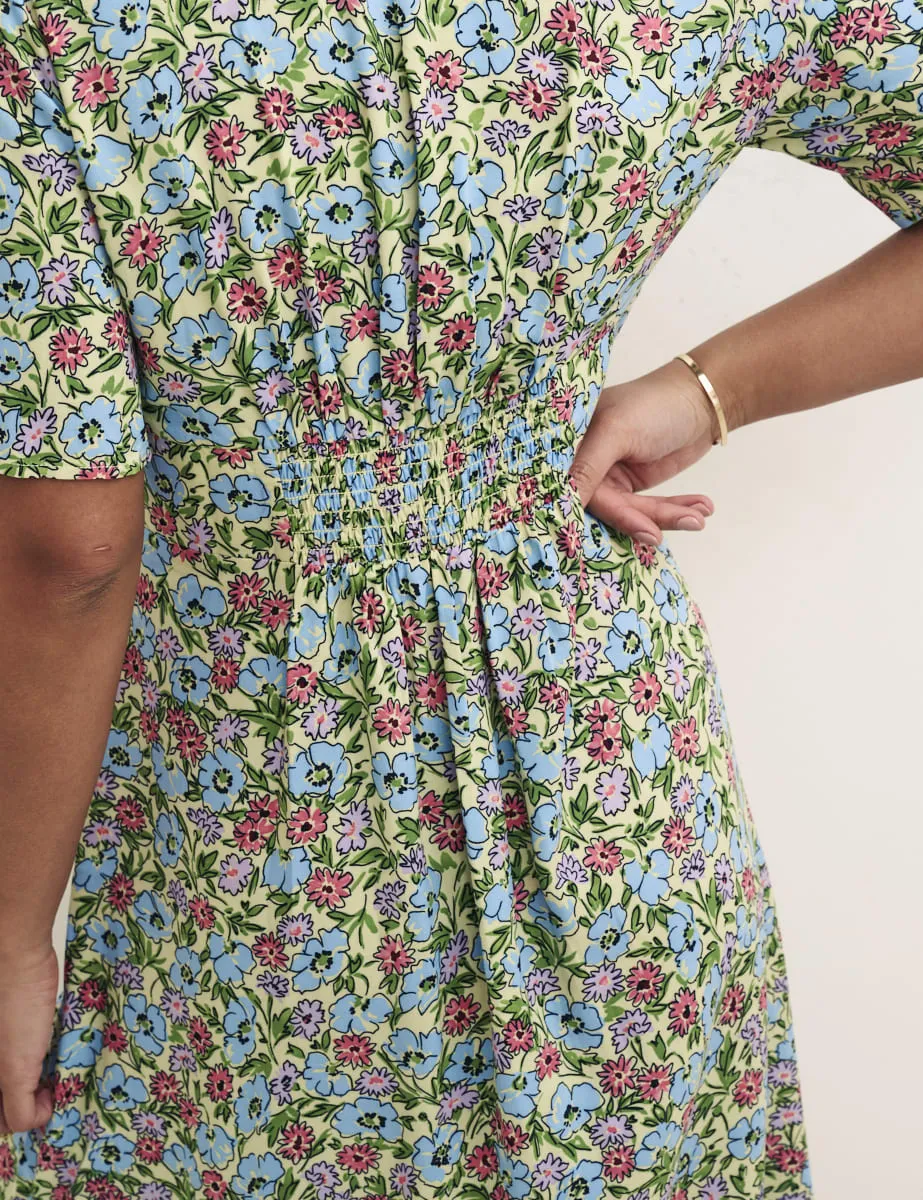 Green Floral Alexa Midi with Shirring Dress